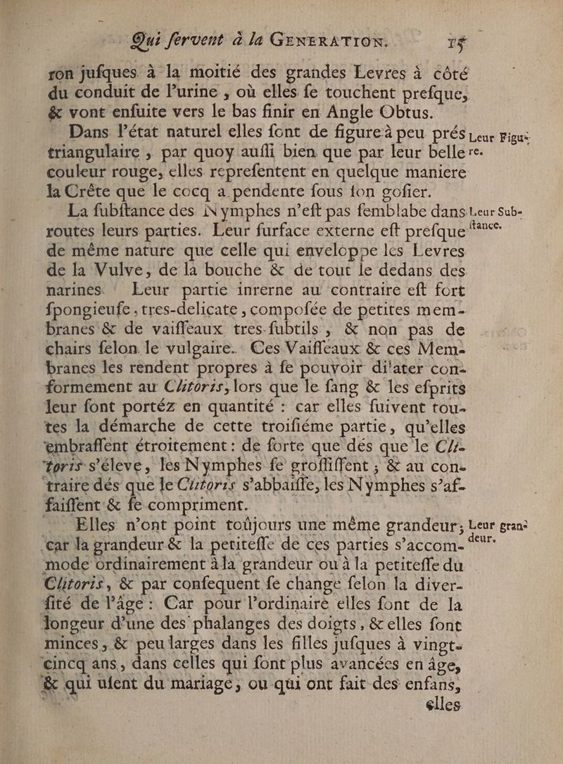 ron jufques à la moitié des grandes Levres à côté du conduit de l’urine , où elles fe touchent prefque, & vont enfuite vers le bas finir en Angle Obtus. - Dans l'état naturel elles font de figureà peu prés Leur riga: triangulaire , par quoy aufli bien que par leur belle re. couleur rouge, elles reprefentent en quelque maniere la Crète que le cocq a pendente fous ton gofier. La fubftance des iN ymphes n'eft pas femblabe dans Leur sub- routes leurs parties. Leur furface externe eft prefque “22°: | de méme nature que celle qui enveloppe les Levres de la Vulve, de la bouche & de tout le dedans des marines ^ Leur partie inrerne au contraire eft fort fpongieufe , tres-delicate ; compofée de petites mem- branes & de vaiffeaux tres fubtils , & non pas de chairs felon le vulgaire. Ces Vaiffeaux & ces Mem- branes les rendent propres à fe pouvoir di'ater con- formement au C/itorts,lors que le fang & les efprits leur font portéz en quantité : car elles fuivent tou- tes la démarche de cette troifiéme partie, qu'elles embraffent étroitement: de forte que dés que le C7 toris S'éleve, les Nymphes fe groffiffent ; & au con. traire dés que le Cutorzs s'abbaitle; les N ymphes s?af- faiffent & fe compriment. | | | . - Elles n'ont point toüjours une méme grandeur; Leur gran? ‘car la grandeur & la petiteffe de ces parties s'accom. ^** mode ordinairement à la grandeur ou à la petiteffe du Clitoris, & par confequent fe change felon la diver- fité de l’âge: Car pour l’ordinairé elles font de la longeur d'une des phalanges des doigts, & elles font minces, & peu larges dans les filles jufques à vingt- _eincq ans, dans celles qui font plus avancées en âge, & qui ufent du mariage, ou qui ont fait des enfans, We | elles