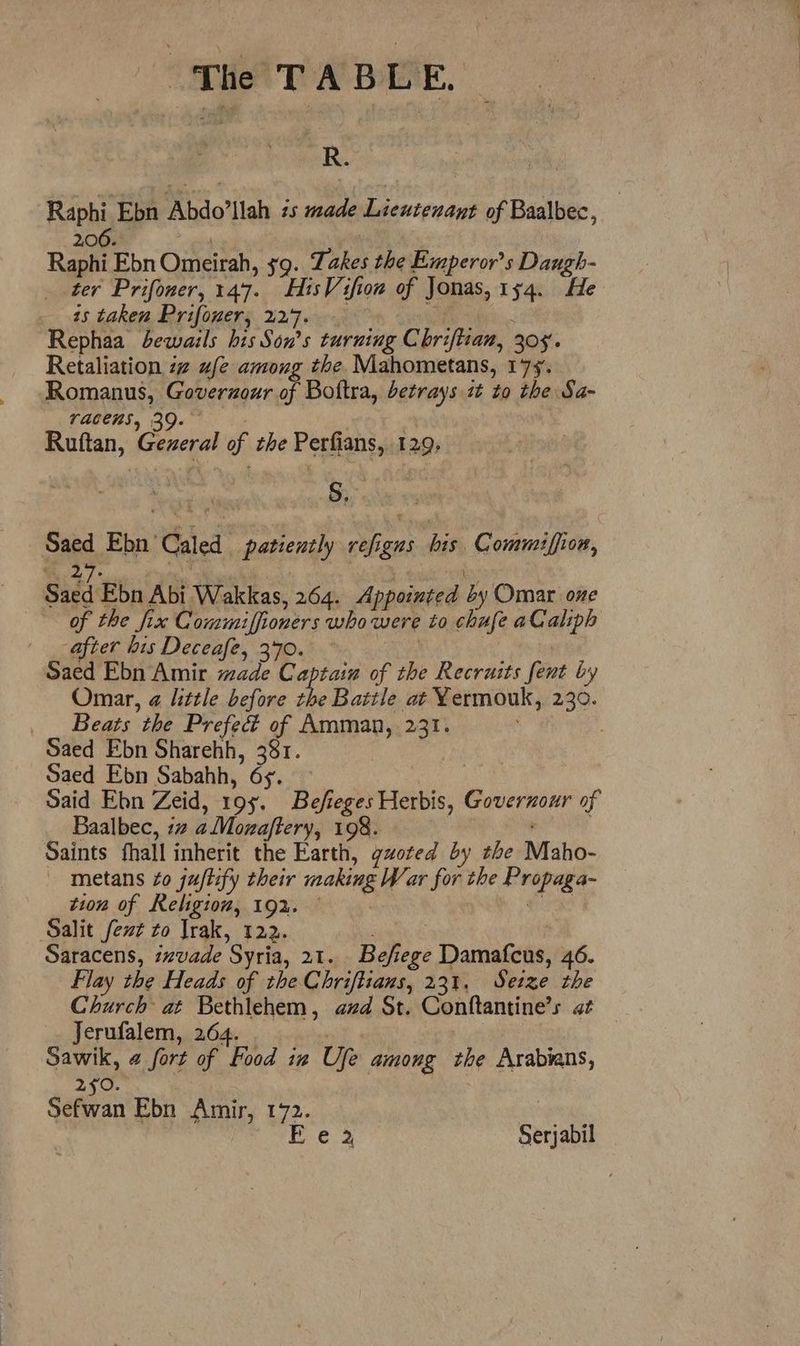 oR. Raphi Ebn Abdo’llah is made Lieutenant of Baalbec, 206. | Raphi Ebn Omeirah, $9. Takes the Emperors Daugh- ter Prifoner, 147. HtsVifion of Jonas, 154. He 1s taken Prifouer, 227. | Rephaa bewails his Son’s turning Chriftian, 305. Retaliation zz ufe among the Mahometans, 179. Romanus, Goverzour of Boftra, betrays 7¢ to the Sa- racens, 39. Ruftan, Gezeral of the Perfians, 129, S,.. Saed Ebn ‘Caled patiently refigns his Commiffion, Wi 4! ‘oe : ia) Saed Ebn Abi Wakkas, 264. Appointed by Omar one of the fix Commiffioners who were to chufe aCaliph after his Deceafe, 370. ° : Saed Ebn Amir made Captain of the Recruits fent by Omar, 4 little before the Battle at Yermouk, 230. Beats the Prefeé of Amman, 231. Saed Ebn Sharehh, 381. | Saed Ebn Sabahh, 65. ~ Said Ebn Zeid, 195. Befieges Herbis, Goverzour of Baalbec, 7# aMonaftery, 198. Saints fhall inherit the Earth, gvoted by the Maho- metans £o ju/tify their making War for the Propaga- tion of Religion, 192. ER Salit fezt to Jrak, 122. Saracens, zzvade Syria, 21. Befiege Damafcus, 46. Flay the Heads of the Chriftians, 231. Seize the Church at Bethlehem, avd St. Conftantine’s at Jerufalem, 264. wits Sawik, @ fort of Food in Ufe among the Arabians, 20. Sefwan Ebn Amir, 172. Be°% Serjabil