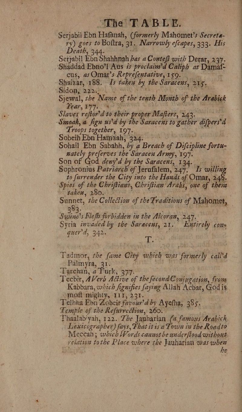 Serjabil Ebn Hafanah, (formerly Mahomet’s Secreta- ry) goes to Bottra, 31, Narrowly efcapes, 333. His Death, 344. Seryabil Ebn Shahhnah ae a Couteft with Derar, 297. Shaddad Ebno’l Aus és proclaim’d Caliph at Damal- cus, asOmar’s Reprefentative,is9. Shaizar, 188. Is takew tea the Saracens, 215. Sidon, 222: Sj ewal, the Name of the tenth Month of the Arabick Slaves reftord to their proper Mafters, 243. 3 Simoak, a fign usd by the Saracens to me di oh Troops together, 197.. Sobeih Ebn Hamzah, 324. Sohail Ebn Sabahh, by @ Bivied of Difcipline Poul nately preferves the Saracen Army, 197. Son of God deny’d by the Saracens, 134. Sophronius Patriarch of Jerufalem, 247. Ts willing to furrender the City into the Hands of Omar, 248. ee of a Chriftian’s, Chriftian Arabs, one of thera  gakew, 280.- 383. Swine's Hlefla forbidden in the Alcoran, 247. Syria invaded by the Saracens, 2 21. Entirely C Oi ner’ d, 342, : ae Tad ances the fame Ciny which was frmerly calld Palmyra, he ‘Parchan, 2 Vurk, 377. Tecbir, AVerb Adive of the fecond Conjugation, fron moft mighty, LURK 2 31. Telhha Ebn Zobeir favour’ d by Ayefha, 38; f. Lemple of the Refurrection, 260. Thaalabiyah, 122. The Jauharian (a. famous Heabick Lexicographer) fays, Fhat itisaTowwn inthe Roadto Meccah; which Words cannot be underftood without relation tothe Place where the Jauharian was when ra a So