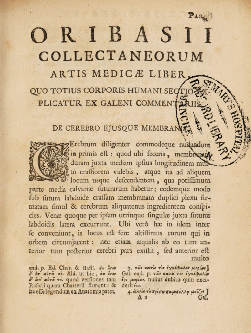 O R I BASII COLLECTANEORUM ARTIS MEDICA LIBER QUO TOTIUS CORPORIS HUMANI SE PLICATUR EX GALENI COMMEN DE CEREBRO EJUSQUE MEMBRA] J^s^^^»7Erebrum diligenter commodeque nuis in primis eft : quod ubi feceris, membri s duram juxta mediam lpfius longitudinem to craffiorem videbis , atque ita ad aliquem locum usque defcendentem , qua potiffimuira parte media calvariae futurarum habetur: eodem que modo fub futura labdoide crailam membranam duplici plexu fir¬ matam fimul Sc cerebrum aliquatenus ingredientem confpi- cies. Venae quoque per ipiam utrinque lingulae juxta futuras labdoidis latera excurrunt. Ubi vero hae in idem inter fe conveniunt, is locus eft fere altifllmus eorum qui in orbem circumjacent : nec etiam aequalis ab eo tum an¬ terior tum pofterior cerebri pars exiftit, fed anterior eft multa ead. p. Ed. Char. 6c Bafil. 8* /ero* 3. των χάτ#. τον ον μορίων] «T ir u.uth το. Aid. Ut hic , ?<rov Gal. ead. p. των xxroc τον Ιγκί^Λλο» & απ’ *υτ» τό. quod verilones tam *$·< μορίων, nullus dubito quin excr» Rafarii quam Charterii firmant: & deriuV*· &»eiTe legendum ex Anatomiapatei» 4. «λλχ το χωμττίλλ» A a OaL