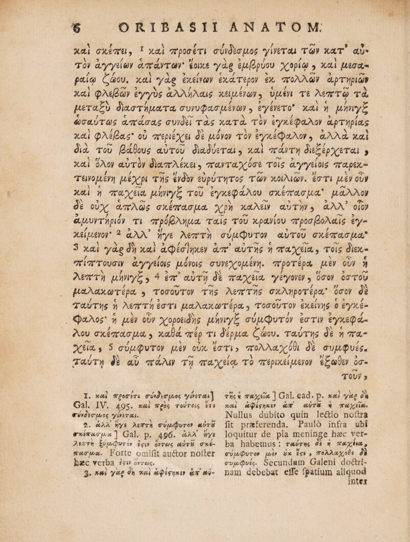 ORIBAS1I ανατομ; χάι σΧεπει, 1 κα) προσέτι σύνδεσμος γίνεται των καν9 au* τον αγγείων απάντων' ’ίοικε γάξ εμβρύου χορίω 5 κα\ μέσα« ραίω ζώου. κα) γάξ εκείνων εκάτερον εκ πολλών αρτηριών χα\ φλεβών εγγύς άλληλαις κείμενων 3 ύμενι τε λεπτω τά μεταζύ διαστήματα συννφασμενών 3 εγενετο9 κα 1 η μηνιγζ άσαύτως άπάσας συνδ'ει τάς κατά τον εγκέφαλον αρτηρίας κα] φλέβας' ού περιεχει δε μονον τον εγκέφαλον ? αλλά και διά του βάθους αυτού διαδύεται 5 κα\ πάντη διεζερχεται > κα\ ολον αύτον διαπλεκει 5 πανταχοσε τοις αγγείοις παρεκ- τεινομενη μέχρι της ένδον εύρύτητος των κοιλιών. εστι μενουν καί η παχεια μηνιγζ του εγκεφάλου σκέπασμα* μάλλον δε ούχ απλώς σκέπασμα χρ)ι καλέιν αυτήν 3 άλλ3 οΤον αμυντηριον τι πρόβλημα ταις τού κρανίου προσβολαις ey~ χειμενον' 2 άλλ5 Jiys λεπτή σύμφυτον αυτού σκέπασμα* 3 χα! γάξ δη καί άφεσίηκεν άπ’ αυτής η παχεια 5 τοϊ$ Jiex,- πιπτουσιν αγγείοις μονοις συνεχόμενη. προτερα μεν ουν η λεπτή μηνιγζ 5 4 g7r αυτϊ Je παχεια γεγονεν ? ocroy ocrrow μαλακωτερα 3 τοσοϊτον λεπτής σκληρότερα' οσον δε ταύτης η λεπτή εστι μαλακωτερα 5 τοσοίτον εκεινηρ ο εγκέ¬ φαλος' η μεν ουν χοροιιδης μηνιγζ σύμφυτόν εστιν εγκεφά¬ λου σκέπασμα 5 καθάπερ τι δέρμα ζώου, ταύτης δε η πα~ χεια $ 5 σύμφυτον μεν ούκ εστι > πολλαχοθι δε συμφυέςβ tocotm ίέ πάλιν τη παχεια το περικείμενον εζωθεν οσ¬ τού ν I 1. X&t ‘Χ’ξΛΰ’ίΤΙ <τύ?λ<Τ[Α6ζ ytfiTCti] Gal. IV. 495· χα* ϊπ βτννλνροζ ybzTou. 2. &λλ ilys λίτττη νύμ-φυτοι τχίπα,νιλ.*Ί Gal. ρ. 496. άλλ’ J»y« τ, ' >/ ί / , r *γ ■> ~ / <λί;ττ>) ζυ[Λ/ψνταν όντως uut& <rxs- %-a<rpjec. Forte omiiit auftor noller Ihaec yerba ©W<y<;. 3. Λ wl &φsfyiHf kx της* π&γ,ίίο,] Gal. ead. p. xtt) γαξ o\ xecl αψίςηκΐ) ατέ «&wr» * πΜχζΐ&ο Nullus dubito quin le&io noitra fit prasferenda. Paulo infra ubi loquitur de pia meninge hrec ver¬ ba habemus : τ&ότης <4« « cvfX/^vTov [&ir ax s&i y ττολλιχχ,οβζ /i irvyjitpviq. Secundum Galeni do&ri- nam debebat eife fpatium aliquod intes