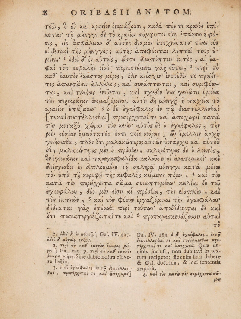 ’Τουν* ο <Ά xaii χρανιον ονομαζουσι, χαθα πίρ τι χρανος Ιπί* ~ / t\\ \ 7 / ·>> / < / xeiTai' Τη UYiviyyi de το χρανιον συμφυτον ουχ enΐοιησίν η φυ· 1 * 3 / hi 3 ~ t\ \ ’ / / ^ σί£ , eis ασφαλίΐαν d αυτής όισμον βτεχνησατο τινβς ουψ θι £ίσμο] της μηνϊγγος ; αυτής απ*<φυονται Μπτοι τινζς y- μ,ίης* 1 ο 1 «Τ gx αυτοις y ώστε $ιιχπ\πτιιν εχτος 5 λ* ρ&~ ! τϊί χβφαλης eto=i.' πίριτίΐνόμζνοι y&§ ουτοί 5 2 Treg! τ© χαθ’ ίαυτον 'ίχαστος μίρος 5 οδίχ ανίσχεν* εντεύθεν τι προϊόν- τες απαντωσιν αλληλοις > jcctl συναπτονται 5 κΑ* συμζφύον- ται 3 κ,α! τελίως Ινουνται 5 cr^gjoy «va γεννωσιν υμένα τον πζςιχρανιον ονομαζόμενο1 */. αυτή ίη μηνιγζ νι παχεια τα χρανιον υπίζωχex* 3 ο Je ey&e^AAos sx <Γί&στ£λλ6σθ<« £τβ jccu συστέλλβσ8ο6ί~) προσέρχεται Te xol) αποχωρεί χατα* T7?x μεταζυ χωράν την χενην’ αυτός Se ο Ιγχίφαλος 3 τηψ μ\ν ουσίαν ομοιότατος ίστι τοις νευροις ^ 2ν ’ίμελλεν αρχή •γενησεσθαι, πλην οτι μαλαχωτερος αυτών υπάρχει χαι αυτου Se 5 μαΧαχωτερος μϊν ο πρόσθεν 9 σχληρότερος St ο Χοιπος 5 % eyxpaviov χαι ncaptryxeCpaXiSa χαλουσιν οι ανατομιχοι' χcu SitipyeaQov h SιπXoυμίvη τ\ι σχληρα μηνιγγι χατα μόνον Τον ντο Τη χορυφη της χεφαλης χειμενον πόρον ? 4 χ&ι τον χατα τον περιίχοντχ σώμα συναπτό μένω* χοιλίαι Si του ίγχεφαΑον 3 Sio μεν ε\σιν αι πρόσθιοι5 την εισπνοήν > χαι την εχπνοην 3 5 xoli TW (φύσην epyaC)oμ^vaι την εγχε<φαλου StSiixTai yag ετερωθι περ\ τούτων* aToSeSeixTai <5e xcj προχατεργάζονται Te xal 6 προπαρασχευαζονσιν αυταί 1. o^oi ό' sr ίί^τβΓς] Gfil. IV. 497. φΧΙ £ αύτοΐς. rcfte. 2. πΒξί το x&6 iaivret ίχαςοζ μ>ί- p®5 } Gal. ead. ρ. jχ$ξΙ το χαύ* tccvror $Άαςον f&tfoi. Sine dubio noilra eil ve~ ia ieftio. 0 £y«£iφαίλος s/ γψ ^ιαίς-ίλλίατ* s XfQrtfftiTKl T$ ^ Jfrtti #7fop/ejpu] \ re Gal. IV. 189. · / iyxt(pecXo^ * «r» ^itCfiXKnr&eti τι xat (τυς-ϊλλίίτύοΜ (Γίρ^Βταϊ Tt x»l α,'ταογ^αρίΐ. Qu3C UJ1- cinis inclufi , non dubitavi in tex¬ tum recipere; iicenim fieri debere & Gal. doctrina, & loci fententia requirit. 4, x&i τον *<*t& T9f πψίχντ* rm* fh»