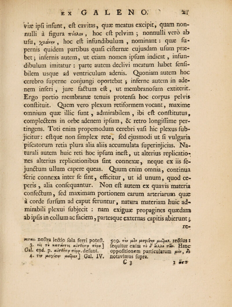 Vix ipii infunt, eft cavitas, qux meatus excipit, quam non® nulli a figura πύελον , hoc eft pelvim ; nonnulli vero ab ufu, χοανών , hoc eft infundibulum , nominant: qux fu- pernis quidem partibus quafi cifternx cujusdam ufum prx- bet; infernis autem, ut etiam nomen ipfum indicat , infun¬ dibulum imitatur : parte autem declivi meatum habet fenfi- bilem usque ad ventriculum adenis. Quoniam autem hoc cerebro iuperne conjungi oportebat 5 inferne autem in ade- nem inferi , jure fa£him eft , ut membranofum extiterit. Ergo portio membranae tenuis protenfa hoc corpus pelvis conftituit. Quem vero plexum retiformem vocant, maxime omnium qux illic funt , admirabilem , ibi eft conftitutus f comple<5tens in orbe adenem ipfum, 6c retro longiflime per¬ tingens. Toti enim propemodum cerebri vafi hic plexus fub- jicitur: eftque non fimplex rete, fed ejusmodi ut ii vulgaria pifcatorum retia plura alia aliis accumulata fuperinjicias. Na¬ turali autem huic reti hoc ipfum ineft, ut alterius replicatio¬ nes alterius replicationibus fint connexx, neque ex iis ie- jundlum ullum capere queas. Quum enim omnia, continua ferie connexa inter fe fint, efficitur, ut id unum, quod ce¬ peris , alia confequantur. Non eft autem ex quavis materia confe&um, fed maximam portionem earum arteriarum qux έ corde furfum ad caput feruntur, natura materiam huic ad¬ mirabili plexui fubjecit : nam exigux propagines quxdam ab ipfis in collum ac faciem, partesque externas capitis abierunt rc- wiTut. nofha le&io fola ferri poteft. 509. τ«ν μΛ* μ>ίγ'ςηι μοοΤρΛΡ. re&ius s 3. £<* τ· χχτάντπ orirer!* πόρ* ] fequitur eiaim το $ *λλο π**. Hanc Gal. ead. p. ^«.defunt. oppoiitionem particularum /u*v, Λ* 4» m μαγίςψ Gal. IV. notavimus fupra, v. c I 2