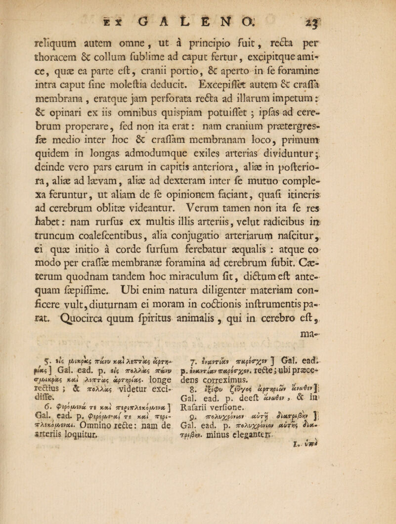 reliquum autem omne, ut a principio fuit, re£ta per thoracem 6c collum fublime ad caput fertur, excipitqueami¬ ce, quae ea parte eft, cranii portio, Sc aperto in fe foramine· intra caput fine moleftia deducit. Excepiiiet autem crafla membrana , eratque jam perforata re&a ad illarum impetum: δί opinari ex iis omnibus quispiam potuiilet ; ipias ad cere- brum properare , fed non ita erat: nam cranium praetcrgres- fae medio inter hoc 6c craiTam membranam loco, primum quidem in longas admodumque exiles arterias dividuntur;, deinde vero pars earum in capitis anteriora, aliae in poilerio- ra, aliae ad laevam, aliae ad dexteram inter ie mutuo comple¬ xa feruntur, ut aliam de ie opinionem faciant, quail itineris ad cerebrum oblitae videantur. Verum tamen non ita ie res habet: nam rurfus ex multis illis arteriis, velut radicibus in truncum coalefcentibus, alia conjugatio arteriarum nafcitur5. ei quae initio a corde furfum ferebatur aequalis : atque eo modo per craiTae membranae foramina ad cerebrum fubit. Cae- terum quodnam tandem hoc miraculum fit, diftum eft ante¬ quam laepifiime. Ubi enim natura diligenter materiam con¬ ficere vult,diuturnam ei moram in coftionis inilrumentispa¬ rat. Quocirca quum fpiritus animalis 5 qui in cerebro eft^ ma«- 5. μικρας πάνυ κα'ι λεπτχς ο£ρτ>]<* Ιναντΐ&ν παρενχs? ] Gal. ead» Gal. ead. p. πολλο&ζ πκ,νν p. εναντίαν πχρετχον. reftejubiprasce^ «τμικρ&ζ kccI λίστας αρτηρίας. longe dens correximus. reftius ; & πολλχς videtur exci- 8. ^Ψυ αρτηρίαν άνωθενJ; diiTe. ' Gal. ead. p. deeit άνωθεν >. & in? 6. φερομινά n και πεξίπλεχόμενχ ] RaTarii verfione. Gal. ead. p. ψερόμε^χί TS και περι~ g. πολυχρόνιον αυτίj διατριβήν J) νλεκόμενχι. Omnino re&e: nam de Gal. ead. p. πολυχρόνιον ha- arteriis loqpitmy ?#βΙ«*. minus elegante rr I. vw*