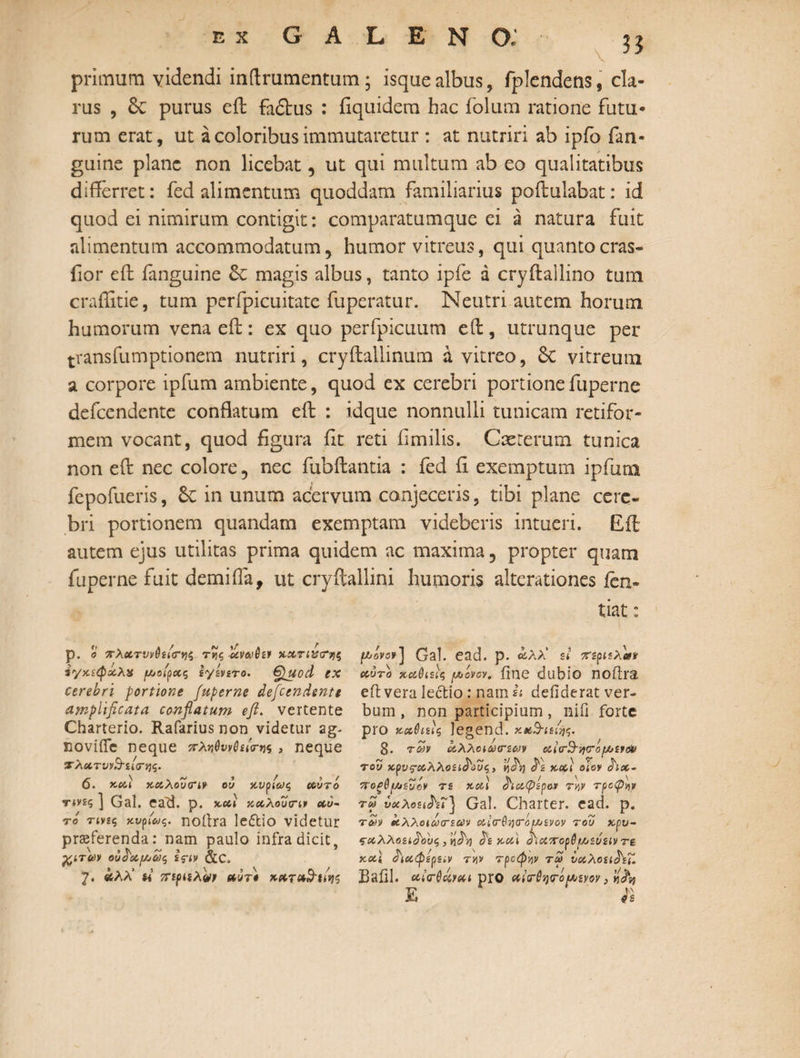 primum videndi inftrumentum; isquealbus, fplendens, cla¬ rus , & purus efb fadlus : ilquidem hac folum ratione futu¬ rum erat, ut a coloribus immutaretur : at nutriri ab ipfo fan- guine plane non licebat, ut qui multum ab eo qualitatibus differret: fed alimentum quoddam familiarius poilulabat: id quod ei nimirum contigit: comparatumque ei a natura fuit alimentum accommodatum, humor vitreus, qui quanto cras» iior efb fanguine &c magis albus, tanto ipfe a cryftallino tum craffitie, tum pcrfpicuitatc fuperatur. Neutri autem horum humorum vena eft: ex quo perfpicuum eft, utrunque per trans fu mptio nem nutriri, cryftallinum a vitreo, 8c vitreum a corpore ipfum ambiente, quod ex cerebri portione fuperne defeendente conflatum efb : idque nonnulli tunicam retifor¬ mem vocant, quod figura fit reti fimilis. Casterum tunica non efb nec colore, nec fubibantia : fed fi exemptum ipfum fepofueris, in unum acervum conjeceris, tibi plane cere¬ bri portionem quandam exemptam videberis intueri. Eft autem ejus utilitas prima quidem ac maxima, propter quam fuperne fuit demifla, ut cryftallini humoris alterationes ien- tiat: p. ο πλχτννθεΐ<τ*)ζ της 'άναβε* ζχτπόιτνξ ίγχεφχλν ρ/υοίρχς Ιγίνετο. Quod ex cerebri portione fuperne defeendente amplificata conflatum efl. vertente Charterio. Rafarius non videtur ag- novifte neque πληβννβεόσ-ης , neque τλχτννΒ-εαηΐζ· 6. xxl χχλουΠ v ου ‘/.υρίως χυτό τινες ] Gal. cati. p. xxt κχλουαην χυ¬ τό τινες κυρίάς, nofira le&io videtur praeferenda: nam paulo infra dicit, fcirav ουόχ/υυως εςιν otc. 7· άλλ’ ii περαλά* χυτό xxrxfrtiris μ»όνον] Gal. ead. p. χλλ' zi χεριελαν χυτό χχύιεϊς iaovov. fine dubio noftra eft vera lectio: natn « defiderat ver¬ bum , non participium, liifi forte pro χ,χθιεϊς legend. χχ&ίειης. 8. των άλλοιωτεων xi<r&v)<r0[/*£fcnt του χρυς-χλλοειό'<)ΰς, ηόό) /2 χχι oiov ό'ΐαε- 5Τοξθ[Α/ευόν τε χχ\ ό'ιχφερο.ν την τροφήν τμ vxXosthT] Gal. Charter. cad. p. των άλλοιωτεων χιτθνμτόμανον του χρυ- ςχλλοειό'ους, ηό'η ό'εχχ'ι α'ίχοτορθμιζύειν re χχ\ ό'ιχφεραν την τροφήν τω νχλοει&Ζ Bafil. xi<r6xvxi pro aitrCqropiw E j