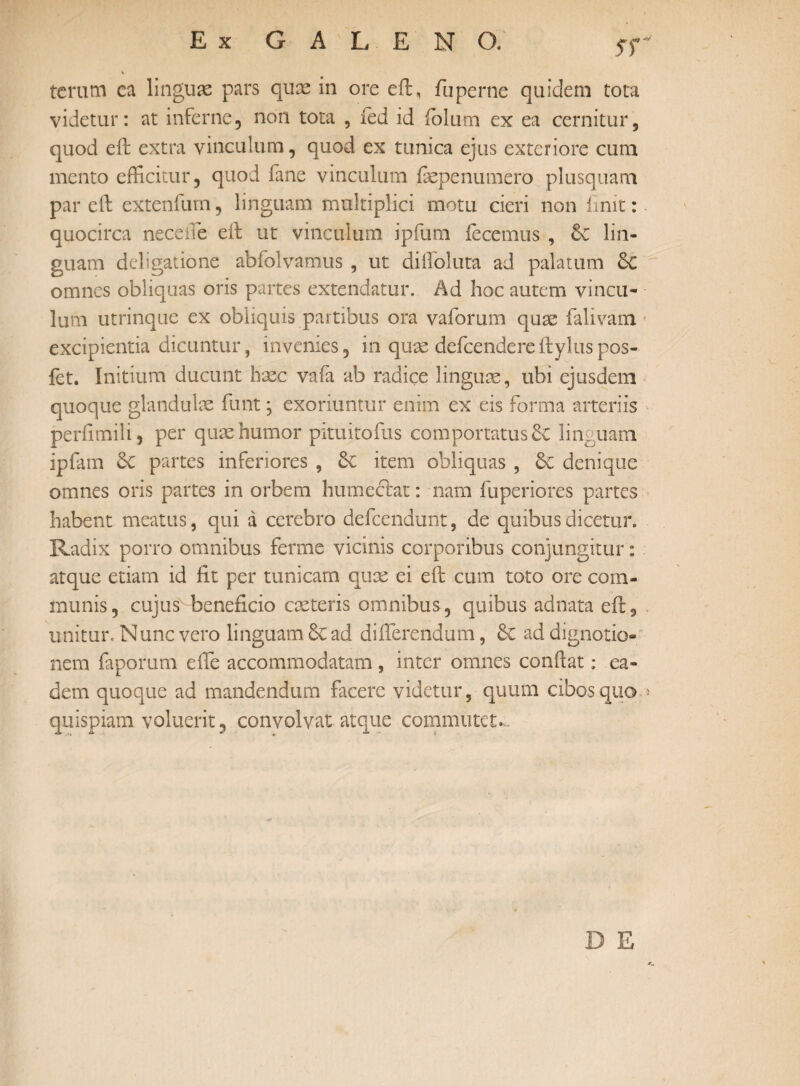 sr teram ea linguas pars quae in ore eft, fuperne quidem tota videtur: at inferne, non tota , fed id folum ex ea cernitur, quod eft extra vinculum, quod ex tunica ejus exteriore cum mento efficitur, quod fane vinculum fiepenumero plusquam par eft extenfum, linguam multiplici motu cieri non linit:- quocirca nece ile eft ut vinculum ipfum iecemus , tc lin¬ guam deligatione abfolvamus , ut diffoluta ad palatum 6c omnes obliquas oris partes extendatur. Ad hoc autem vincu¬ lum utrinque ex obliquis partibus ora vaforum quae falivam excipientia dicuntur, invenies, in quae defeendere ftylus pos- fet. Initium ducunt haec vafa ab radice linguae, ubi ejusdem quoque glandulis funt, exoriuntur enim ex eis forma arteriis perfimili, per quae humor pituitofus comportatus linguam ipfam 6c partes inferiores , item obliquas , Sc denique omnes oris partes in orbem humeftat: nam fuperiores partes habent meatus, qui a cerebro defcendmit, de quibus dicetur. Radix porro omnibus ferme vicinis corporibus conjungitur: atque etiam id fit per tunicam quae ei eft cum toto ore com¬ munis, cujus^beneficio exteris omnibus, quibus adnata eft3 unitur. Nunc vero linguam dc ad differendum, ad dignotio- nem faporum effe accommodatam, inter omnes confiat; ea¬ dem quoque ad mandendum facere videtur, quum cibos quo * quispiam voluerit, convolvat atque commutet- D E