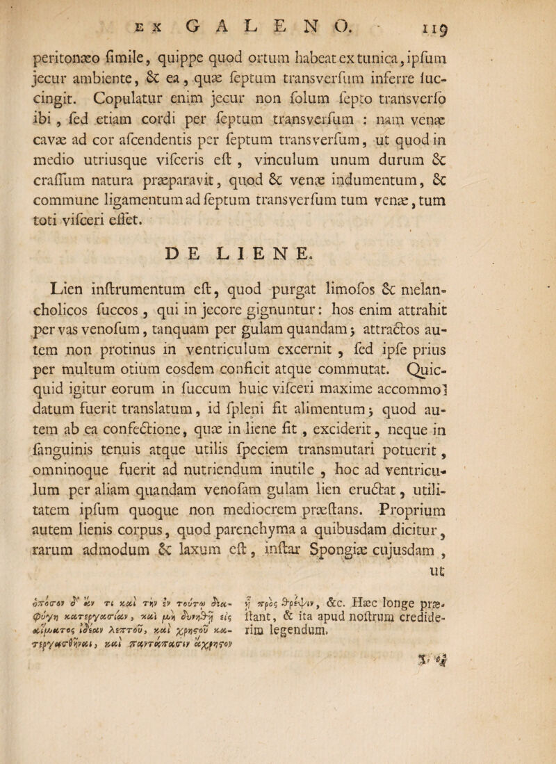 peritonaeo fimile, quippe quod ortum habeat ex tunica, i pium jecur ambiente, &C ea, quae feptum transverfum inferre luc- cingit. Copulatur enim jecur non folum iepto transverio ibi , fed etiam cordi per feptutn transverfum : nam venae cavae ad cor afcendentis per feptum transverfum, ut quod in medio utriusque vifceris eft , vinculum unum durum 6e craflum natura praeparavit, quod &: venae indumentum, Sc commune ligamentum ad feptum transverfum tum venae, tum toti vifceri eftet. DE LIENE. Lien inftrumentum eft, quod purgat limofos 6e melan¬ cholicos fuccos, qui in jecore gignuntur: hos enim attrahit per vas venofum, tanquam per gulam quandam 5 attraftos au¬ tem non protinus in ventriculum excernit , fed ipfe prius per multum otium eosdem conficit atque commutat. Quic- quid igitur eorum in fuccum huic vifceri maxime accommol datum fuerit translatum, id fpleni fit alimentum 5 quod au¬ tem ab ea confedtione, quae in liene fit , exciderit, neque in fanguinis tenuis atque utilis fpeciem transmutari potuerit, omninoque fuerit ad nutriendum inutile , hoc ad ventricu¬ lum per aliam quandam venofam gulam lien eruitat, utili¬ tatem ipfum quoque non mediocrem praedans. Proprium autem lienis corpus, quod parenchyma a quibusdam dicitur ? rarum admodum laxum eft, inftar Spongiae cujusdam , ut οποτον cl' '#.v n kou t>sv b τουτγ &u- y προς S-ρίψίν, &C. Ha3C longe pne* φύγν KctTipycurtciv, y.x\ ii<, itant, & ita apud noitriim credide- l^spcv λεπτού, και χρηςοΖ y.&- rina legendum. rfpytt(rObat, y,ul ΐΓΜτήπΜ,χην ecftfww