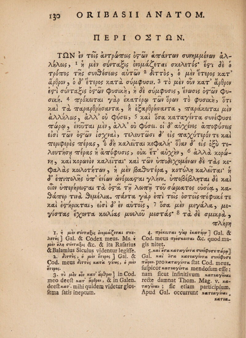 ιψ ORIBASII ΑΝΑΤΟΜ. ΠΕΡΙ Ο 2 Τ Ω Ν, ΤΩΝ εν τοϊς άντρωποις οπών απάντων συνημμένων αλ- ληλοις, 1 η μεν σύνταξις ονομάζεται σκελετός* επι Je ο Τρόπος της συν^εσεως αυτών 2 διττός 5 ο μεν ετερος κατ* αρθρον 3 ο <Τ 'ετερος κατά σύμφυσιν. 3 το μεν ουν κατ’ αρθρον εψι σύνταζις οπών φυσικοί η ii σύμφυσις 5 'ενωσις οπών φυ¬ σική. 4- πρόκειται γάρ εκατερω των ορών το φυσική > ότι κα} τα παραρθρησαντα 5 εζαρθρησαντα 5 παράκειται μεν άλληλοις ? αλλ’ ου φύσει > 5 κ&! 2σα καταγ^ντα συνέφυσδ πωρω ι ενουται μεν 5 &λλ’ ού. φυσ-ei. οί δ* αύχενες αποφύσεις είσ) των οπών ισχνά! 5 τελευτωσι i' εις παχύτερόν τε καί περίφερες πέρας* ο <Κ? καλείται κεφαλή* oW <Τ et’? ο£υ τβ- λευτηση πέρας η αποφυσις > ουκ ετ αυχην 3 0 αλλα κορω- νη9 καΐκορωνον καλείται* καί τ£ν υποδεχόμενων δε τάς κε¬ φάλας κοιλοτήτων} η μεν βαθύτερα 5 κοτύλη καλείται* η $' επιπολης ύπ3 ενίων ωνόμαπαι γλν\νν\. ύποβεβληται δε καί οΤον υπερηρειψαι τα όψά τη λοιπή του σώματος ουσία 5 κα- 3άπερ τινά θεμέλια, πάντα γάρ επι τοϊς οστοιςπεφυκε τε κα\ επηρικταί) είσι δ'εν αύτοις ? 7 2σα μ,βυ μεγάλα 5 με~ γίστας εχοντα κοιλίας μυελου μεστάς* 8 τα Js σμικρά y , πληρη ϊ. 4 /Λίν (τώ/τ#ξίς ονομάζεται arat- 4· πρόκειται γαρ htetrtf» ] Gal. & λίτβς] Gal. & Codex meus. Ms. i Cod. meus πρόα-κειται &c. quodma- «Ajj σ-όντα'ξις &c. & ita Rafarius gis nitet. &Balamius Siculus videntur legifle. 2. ^ίττος, ό /tX/2y £Τ£ρος Gal. & Cod. meUS ^7τβξ yav·?, ο ροε^ έτερος. 3. το euv κ&τ’ <Jtp3pev ] in Cod. meo deeil x«r’ apepov, & in Galen. deeftxar. mihi quidem videtur glos« fema fatis ineptum» 5 .*«£< «crifcjcotTeeysyrei νυνεφντε TrapaJ Gal. κ&ί ccr<& »c4r£eiy£VTit trvvltyva-g παρόν, proίίκταγέντα ftat Cod. meUS. fufpicor xccrsocyivTcc mendofum eiTe: nam iicut infinitivum x«r.e*y&«t rede damnat Thom. Mag. v. Tetywut ; fic etiam participium. Apud Gal. occurrunt x&Tiaytvtu e