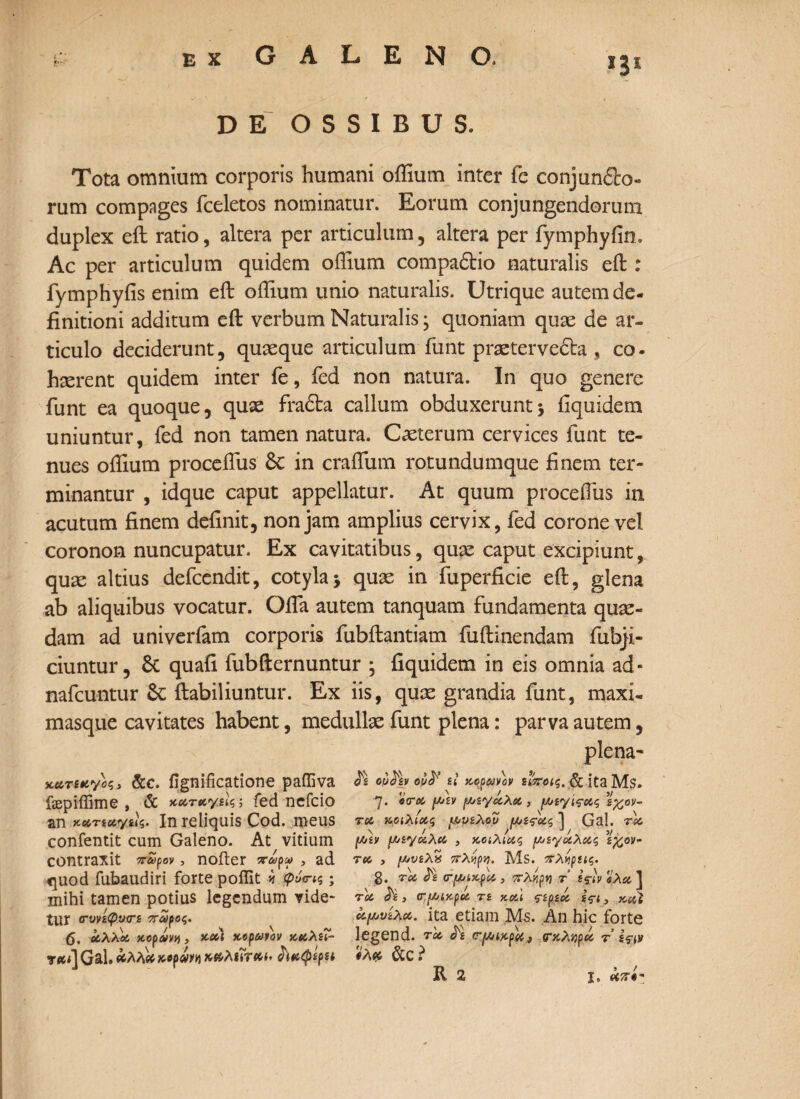 D E OSSIBUS. Tota omnium corporis humani offium inter fe conjun&o- rum compages fceletos nominatur. Eorum conjungendorum duplex eft ratio, altera per articulum , altera per fymphyfin. Ac per articulum quidem offium compa&io naturalis eft : fymphyfis enim eft offium unio naturalis. Utrique autem de¬ finitioni additum eft verbum Naturalis3 quoniam quae de ar¬ ticulo deciderunt, quaeque articulum funt praetervedla , co¬ haerent quidem inter fe, fed non natura. In quo genere funt ea quoque, quae fradba callum obduxerunt3 fiquidem uniuntur, fed non tamen natura. Caeterum cervices funt te¬ nues offium proceffius 8c in craffum rotundumque finem ter¬ minantur , idque caput appellatur. At quum procefius in acutum finem definit, non jam amplius cervix, fed corone vel coronon nuncupatur. Ex cavitatibus, quae caput excipiunt, quae altius defcendit, cotyla3 quae in fuperficie eft, glena ab aliquibus vocatur. Offa autem tanquam fundamenta quae¬ dam ad univerfam corporis fubftantiam fuftinendam fubji- ciuntur, 6c quafi fubfternuntur 3 fiquidem in eis omnia ad- nafcuntur Se ftabiliuntur. Ex iis, qux grandia funt, maxi- masque cavitates habent, medullae funt plena: parva autem, plena- ytcirtuybc,, &c. fignificatione paffiva fsepiiiime , & καταγζϊςι fed nefcio an KotTiccyiU· In reliquis Cod. meus confentit cum Galeno. At vitium contraxit πώρον, noder πάρω , ad quod fubaudiri forte poffit v φάσις; mihi tamen potius legendum vide» tui arvvi<pu<rs πώρος. 6. αλλά κοράνη, κορώναν καλζΧ- rta] Gal. κιράϊή καλίΐτΜ· OV&ZV ον<^’ ζι κορώναν ζΐποις, & ita Ms. 7· ο τα μζν μζγαλα , μζγίςας %χ,ον- τα κοιλίας μυζλου μζς-άς 1 Gal. τα \ /, . / J /. ν f/jzv μεγάλα , κοιλίας μζγαλας ζχ,ον- τα 3 μυζλχ πλήρη. Ms. πλήρης. g. τα τμικρά , πληρη τ ζςίν ο λα ] τα , τ μικρά τζ και ςζρζά ζςι 3 καί αμυζλα. ita etiam Ms. An hic forte legend. τα frz <rμικρά, ςτκληρά τ ζςιν «λα &C? R 2 ι. άπί*