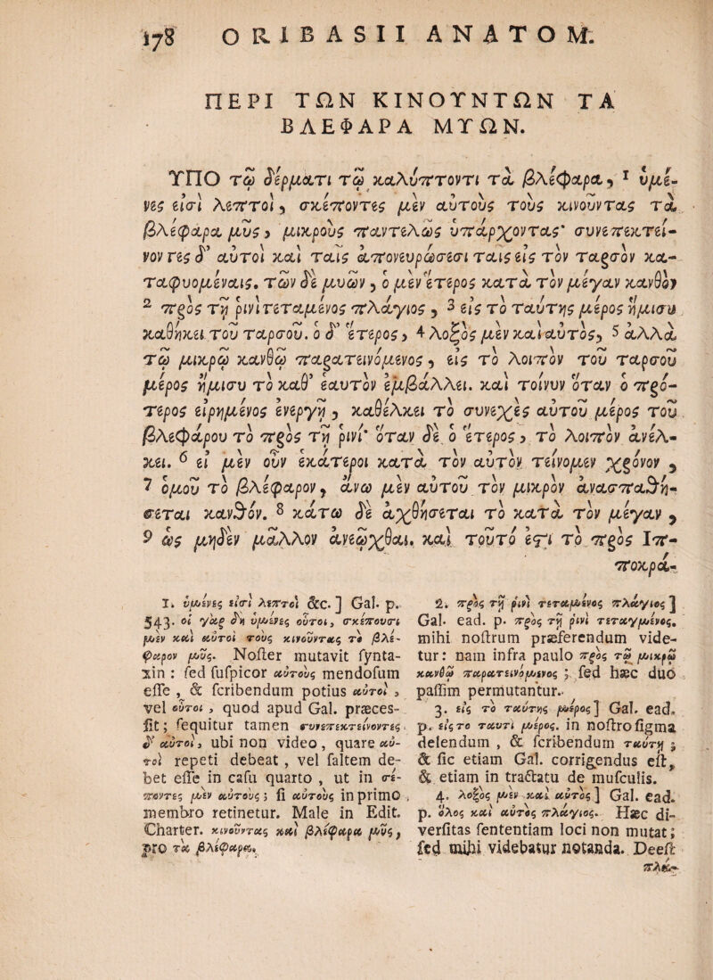ΠΕΡΙ ΤΩΝ ΚΙΝΟΤΝΤΩΝ ΤΑ ΒΛΕΦΑΡΑ ΜΤΩΝ. ΤΠΟ τω άερματι τω καλυπτοντι τι βλεφαρα, 1 υμέ¬ νες είσι λεπτοί 5 σκεποντες μεν αυτους τους κινούντας τα, βλέφαρα μυς * μικρούς παντελώς υπάρχοντάς' συνεπεκτει· νοντες<Γ αυτοί και ταις απονευρωσεσι ταιςείς τον ταξσον κα- ταφυομεναις. των μυων 5 ο μεν'ετερος κατά τον μεγαν κανθοί 2 π§ος τνί ρινί τεταμένος πλάγιος 5 3 W το ταυτης μέρος τίμισν καθίικίΐ.του ταρσού, ο ό’ 'ετερος> 4 λοζος μεν καΧαυτος^ 5 αλλά τω μικρω κανθω παζατεινομενος , εις το λοιπον του ταρσού μίρος ίιμισυ το καθ’ εαυτόν εμβάλλει. χ,&Ι τοίνυν όταν ο πιό¬ τερος είραμένος ενεργγ ? καθέλκει το συνεχες αυτου μίρος του βλέφαρου το πξος τνί ρινί' όταν άε ο 'ετερος 3 το λοιπον ανελ- χει. 6 εί μεν ουν εκάτεροι κατα τον αυτόν τεινομεν χξόνον 5 7 ο μου το βλεφ άρον ^ ανω μεν αυτου τον μικρόν άνασπα^ή- σεται κανθόν. 3 κάτω άε άχθνισεται το κατά τον μεγαν 5 £ ως μν\άεν μάλλον άνεωχθαι* κα\ τούτο \<?i το προς Ιπ- ποκρα- 1. νμίν&ς SiVi λ%7Γτο\ §[£. 1 Gal. p. 2. πΑς τη ριι>) ηταμίνος πλάγιος 1 I \ Tvs « / Τ ^ t t i * \ / · 543. ** 7&ξ ο* vyjzvsq ovroty trxz7rov(rt Cjal· eacl. ρ· πξοζ r\\ pw nrxyfjuiycq. μεν %(ά αυτοί τους χινουντνς τα βλε- mihi noftrum prseferendum vide- φαρον μυς. Noiler mutavit fynta- tur: nam infra paulo πςος τω μικρά χϊη : fed fufpicor αυτούς mendofum χκνβά παρατεινόμενος fed hsec duo effe & fcribendum potius αυτοί , paffim permutantur.· vel eyro< , quod apud Gal. prasces- 3. ζίς το τχύτης μίρος] Gal. ead* fit; ^equitur tamen rvvi πεχτε'ινοντες> p. είςτο τοουτι μέρος, in noilroflgma $ αυτοί, ubi non video, quare αύ- delendum, & fcribendum τλοτ$ ? το] repeti debeat, vel faltem de- & fic etiam Gal. corrigendus eilp bet efle in cafu quarto , ut in crs- & etiam in tra&atu de mufculis. πόντες μεν χυτούς, fi χυτούς inprimO , 4« λ®!0? μεν χχί χυτός] Gal. ead» membro retinetur. Male in Edit. p. ολος καί κύτος πλάγιος. Hsec di- Charter. χινούντας mi βλέφαρα μυς, verfitas fententiam loci non mutat; pro τΛ βλίφαρ^ fed milii videbatur notanda. Deeil ιτλαμ.