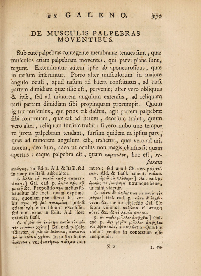 DE MUSCULTS PALPEBRAS MOVENTIBUS. Sub cute palpebras contegente membranae tenues funt, quas mufculos etiam palpebram moventes, qui parvi plane funt, tegunt. Extenduntur autem ipfe ab aponeuroiibus, quae in tarfum inferuntur. Porro alter mufculorum in majore angulo oculi 5 apud nafum ad latera conftitutus , ad tarfi partem dimidiam quae illic eft, pervenit; alter vero obliquus Sc ipfe, fed ad minorem angulum extenfus, ad reliquam tarfi partem dimidiam fibi propinquam prorumpit. Quum igitur mufculus, qui prius eft didtus, agit partem palpebrae fibi continuam, quae efb ad nafum , deorfum trahit; quum vero alter, reliquam furfum trahit: fi vero ambo uno tempo¬ re juxta palpebram tendant, furfum quidem ea ipfius pars , quae ad minorem angulum eft, trahetur; quae vero ad mi¬ norem, deorfum, adeo ut oculus non magis clauiusfit quam apertus : eaque palpebra eft , quam , hoc eft, re¬ flexam πλιίγιοζ, in Editt. Aid. & Bafil. fed in margine Bafil. adfcribitur. 5. άλλοι τω (λιίκρω κανθώ παροιτει- νό^ενοζ'] Gal. ead· p. άλλοι ττξος τω piicpM&c. Praepofitio ΰΤξος melius fu- bauditur hic loci, quam exprimi¬ tur, quoniam praecefferat his ver¬ bis ττξος rvj ptvt τεταμένος. poteft etiam πξος vitio librarii excidiiTe, fed non extat in Edit. Aid. iicet extet in Bafil. J V V t / V \ » 6. it μεν ουν εκατεφοι κατα τον av- τ0» Titvof/jiv χξίνον] Gal. ead. p. Edit. Charter. si (Αινούν εχάτερον, κατατον itύτβν ruvitiy χξόνον. In noftro fcribe iK06TtpO9 , vel MfCTiftOVif TikVOfiW ΠΟΠ muto ; fed apud Charter. pro Tit- ysuv, Aid. & Bafil. habent, τείνοαν. η. όμοΖ το βλϊφαρον] Gal. ead-p» ομοίως το βλίφαρον. utrumque bene, ut mihi videtur. 8. KOITU tfi Ct^yiTSTCtt TO KOtTCt T09 μεγαν] Gal. ead. p. κοιτώ £ ελ%θπ~ ο-ετχι &c. melior eft Ie&io Gal. Sic fupra vidimus καθελκn το ιτυνεχ,ες αυτού &C. & το λοιπήν οίνέλκει· 9· μνι^εν μάλλον οίνεωχβαι ] GaL ead. ρ. 6>ςε μηοϊ'εν μάλλον ανεωγβαι τον οφθαλμόν, sj κεκλεΐσ-βοΐί.· Qua* hic defunt cenfeo in contextum eife recipienda. I. rn*