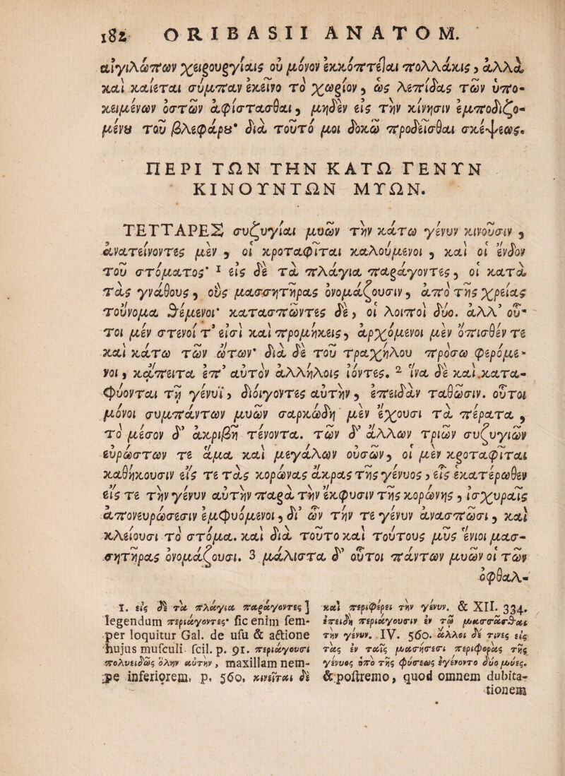 αϊγιλωπων χείξουξγιαις ου μόνον εχχόπτεΐαι πολλάκις 3 οολλοΐ χα\ καίεται σύμπαν εκείνο το χωζίον > ως λειriJcts τ£ν ί/7Το- χειμίνων οστών άφίστασθαι 5 eis τ)|Κ κινψιν εμπο^ιζο- μίν& Του βλεφάρπ* Sia τούτο ^οι doJtcy XpoSuaQai σχε-^εως* ΠΕΡΙ ΤΩΝ ΤΗΝ ΚΑΤΩ ΓΕΝΤΝ ΚΙΝΟΤΝΤΩΝ Μ ΤΩΝ. TETTAPES συζυγιαι μυων την κάτω γενυν κινουσιν 3 ανατεινοντες μίν 3 οι κροταφιται καλούμενοι 5 κ,&ι οί evSov του στόματός' 1 eis <Je ΤοΙ πλάγια παράγοντες 5 οί κατά τάς γνάθους 5 ous μασσν\τηρας ονομάζουσιν 5 ουτο t)?s χρείας τουνομα ϊάεμενοΤ κατασπωντες <5e > οί λοιμοί Juo. αλλ’ ου* τοι μεν στενοί τ3 εισ] κα\προμηκεις^ αρχόμενοι μεν όπισθεν τε occu κ,α,Τά) τ5ι^ αϊτών' Sia Se του τράχηλου πρόσω φερόμε* νοι i καόπειτα \π3 αυτόν αλληλοις Ιον τις. 2 'ινα Se χα\.κατα¬ δύονται τη γενυϊ > ^όιγοντες αυτήν ? eoreiiotv τ&δ£σιν. ουτοι μόνοι συμπάντων μυων σαρκώδη μ\ν εχουσι τά περατα > το μίσον <Γ ακριβή τένοντα. των S3 άλλων τριών συζυγιών εύρωστων Te jcgu μεγάλων ουσων? οί κξοταφΤται χαθηχουσιν εις τε τάς κορώνας ακρας της γενυος > εΐς εκατέρωθεν εις τε την γενυν αυτήν παξά ττ\ν εκφυσιν τη$ κορωνης 5 ισχυρά7ς απονευρωσεσιν εμίφυόμενοι 5 Si3 ων την τε γενυν άνασπωσι 3 κ,&ί κλείουσι το στόμα, και Sia τουτοχα] τούτους μυς 'ενιοιμασ¬ ητήρας ονομάζουσι. 3 μάλιστα S3 ουτοι πάντων μυων οι των οφθαλ- I. Ηζ τα πλάγια παξάγοντες] legendum περιάγοντες· fic enim fem- per loquitur Gal. de ufu & a&ione hujus mufculi- fcil. p. 91. περιάγουη πολνα^ως ολην aurw, maxillam nem- j?e inferiorem, p, 560, *mr#$ Ss και πψψψί τνw γενυν. & XII. 334, έπειθα περιαγουτιν εν τω p/Jtcarcrcir&eu tm γενυν. IV. ζόθ· άλλοι JY τινες *k τάς εν ταζς ρΛ/ατίήτετι περιφοράς της γενυος όπο της φυετεως εγενοντο ά'υο ρνυυες. & poftremo, quod omnem dubita¬ tione®