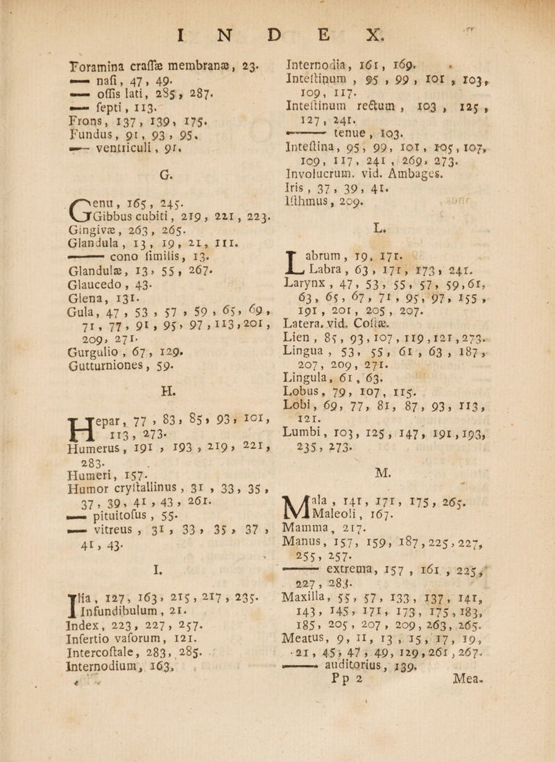 Foramina crafTae membranas, 23. nafi, 47» 49· — offis lati, 285 , 287. fepti, 113. Frons, 137, 139» 175. Fundus, 91, 93 , 95< — venlriculi, 91, G. Genu, 165, 245·. Gibbus cubiti, 219, 221, 223. Gingivas, 263 , 265. Glandula , 13 , 19 , ϋ, III. .cono limilis, 13. Glandulae, 13» 55» 267· Glaucedo , 43· Glena, 131. Gula, 47 » 53 , 57 » 59 » <>5, 69 , 71, 77 » 91 » 95» 97 »1131201, 209» 27r' Gurgulio , 67 , 129. Gutturniones, 59. H. Hepar, 77 » 83 > 85 > 93» 101 > ii3> 273* Humerus, 191 > J93 > 219, 221 > 283· Humeri, 157· Humor cryltallinus, 31 » 33» 35» 37 , 39» 41 » 43 > 261. pituitofus , 55. —— vitreus , 31 , 33 > 35 > 37 , 41 , 43. > I. Ilia, 127, 163, 215, 217, 233. Infundibulum, 21. Index, 223, 227, 257. Infertio vaforum, 121. Intercoftale, 283», 2.85. Internodium, 163, t ·■* Internodia, 16 r, 169, Intertipum , 95 > 99 » 101 , 103 f 109, 117. Xntertinum reilum , 403 , xaj * 127 , 24Γ. —— tenue , 103. Inteftina, 95, 99, 101, 1-05,107» X09, 117» 24i » 269, 273» Involucrum, vid. Ambages. Iris, 37» 39, 41· Xithmus, 209. L. Labrum, 19, 171. Labra, 63 , 171, 173, 241. Larynx, 47, 53, 55, 57, 59,61, 63» 65» 67> 7* > 95» 97, 155 * 191, 2or, 205 , 207. Latera, vid. Coftse. Lien , 85, 93’ io7 , 119,121,273. Lingua , 53, 55, 61 , 63 , 187» 207 , 209 , 271. Lingula, 61, 63. Lobus, 79, 107, 115. Lobi, 69, 77, 81, 87, 93, H3> 121. Lumbi, Γ03, 125, 147, 191,193» 235, 273. M. Λ*. V ** ί-^αιν/να ) Mamma, 217. Manus, 157, 159, 187,225,227, 255» 257. -- extrema, 157 , 161 , 225, 227, 2.8j. Maxilla, 55, 57, 133, 137, 141, 143» x45, Hi, 173, 175,183, 185» 205, 207, 209,263, 265. Meatus, 9, 11, 13 , 15,17, 19, • 21, 45» 47 , 49, 129» 261,267. «— auditorius, 139. Pp 2 Mea. ♦