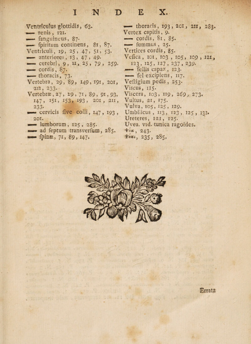 Ventriculus glottidis, <53. renis, 121. fanguineus, 87· —~ fpiritum continens, 81, 87. Ventriculi, 19, 25, 47, 51, 53. — anteriores, 13, 47, 49* —* cerebri, 9, u, 25, 79, 259. —· cordis, 87. —— thoracis, 73· Vertebra, 29, 89; 149» 191, 201, 2Π, 233. Vertebras, 27, 29 , 71, 89, 91,93, 147; *5U 153 > 193; 201 , 211, 233· ·—* cervicis flve colli, 147 , 193 , 201. — lumborum, 125, 285· —* ad feptum transverfum, 285, — fpin»., 71, 89; 147.· ~~ thoracis, 193, 201, 211, 283. Vertex capitis, 9. — cordis, 81, 85. fummus, 25. Vertices cordis, 85* Veilca, 101, 103 , 105, 109, 121, 123, 125, 127, 237, 239. — fellis capax, 123. —— fel excipiens, 117. Veiligiuin pedis, 253. Viscus, 115. Viscera, 103, 119, 269> 273, Vultus, 21, 175. Vulva, 105, 125 , 129. Umbilicus , 113, 123 , 125 , 131, Ureteres, 121, 125. Uvea. vtd. tunica ragoides. 243. ****, 235, 285, Errata