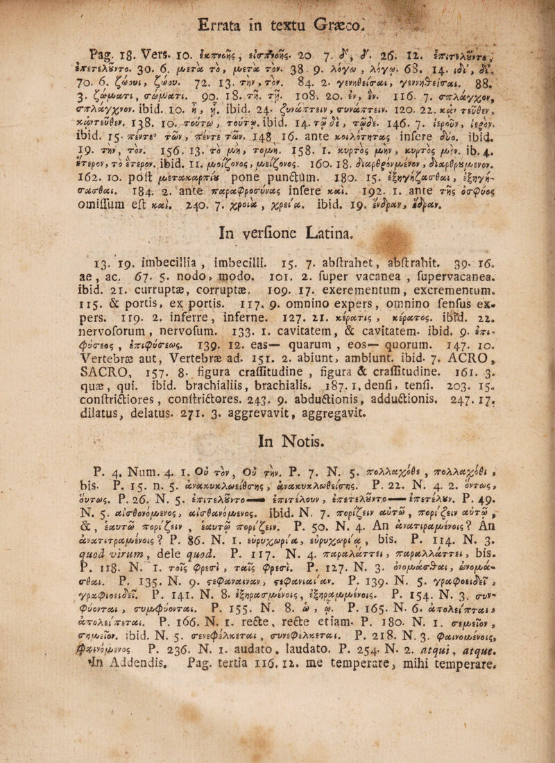 Pag. 18. VerS. IO. εκτνοης, εισπνοής. 20 7· <^· 2(5. Ιϊ. ενητελyvre,- iTsrsA^re. 30. 6. ///sras ra > ror. 38- 9. A^y^ , Aoy^. 6S. 14. <Λ’, JV‘, 70. 6. ζωουι, ζ'όαυ. J2. Ι3· τ#?> τον. 84. 2· y£*n0£io*e&i, γεννηbeirai. 88. 3. ζ&ματι, σωματι. ~ 90. I 8. τ?. rjf. 108. 20. «ν, «. 116- η. <τπλάγχον, <τπλαγχνον. ibid. IO. ή , y. ibid. 24· ζνναπτειν, (Τυνάπτειν. 120. 22. κά* τευθεν» αίμτευθζν. 138. ΙΟ. τούτω , rot/r». ibid. 14·'*'*' j τλ»Λ· 146. 7· ‘^p^v, i εξόν, ibid. γ5· ττίντι1 των, ττεντε των. 148 ι6· ante κοιλότητας infere Λ/β. ibid. 19. την, τον. 156. 13· ™ (*** τομή. 158. I. κυρτός μην, κυρτός μ)ν. ib. 4· ετερον, το ετερον. ibid. II. μοίζονος, μείζονος. ι6θ. 1-8. ^ιαρθξόνμενον, ίϊαρβράμενη. 162. ΙΟ. poit μετακάρπιά pone pun&Cim. 180. 15. *ivvηζασθαι, Ityyii- (Tardui. 184. 2. ante παραφροσύνας infere κα). 192. I. ante της οτφνοξ OtniiTum eil; καi 240. 7. χροία , χρεία, ibid. 19. t^pav. In verfione Latina. • ϊί·£\'·&*λΐ 13- 19. imbecillia, imbecilli. 15. 7. abftrahet, abftrahit. 39. 16. ae , ac. 67. 5. nodo, modo. 101. 2. fuper vacanea , fupervacanea. ibid. 21. curruptse, corruptae. 109. 17. exerementum, excrementum. 115. & portis, ex portis. 117. 9. omnino expers, omnino fenfus ex. pers. 119. 2. inferre, inferne. 127. 21. κίρατις , κερατος. ibfd. 22. nervoforum, nervofum. 133. 1. cavitatem, & cavitatem· ibid. 9. «n» φύσεος , επιφύσεως. 139. i2. eas— quarum , eos— quorum. 147. 10. Vertebrte aut, Vertebrae ad. 151. 2. abiunt, ambiunt, ibid· 7. ACRO s SACRO, 157. 8· figura craifitudine , ngura & crailitudine. 161. 3. quae, qui. ibid. brachialiis, brachialis. 187. i.denfi, tenii. 203. 15, conftri&iores, conitriitores. 243. 9. abduCtionis, adductionis. 247.17, dilatus, delatus. 271. 3. aggrevavit, aggregavit. \ In Notis. P. 4. Num. 4. I. Ου τον, Ου την. Ρ. 7· Ν. 5· ττολλαχοθε , πολλαχόθι 9 biS· Ρ. Ι5· Π. 5· ανακυκλωείθσης , ανακυχλωθείνης. Ρ. 22. Ν. 4· 2· ούτως. Ρ. 26. Ν. 5· *πΊτελ%ντο—~· επιτελονν , fVsriAyvr.e—■* επετελνν. Ρ. 49· Ν. 5· αισθανόμενος, αισθανόμενος, ibid. Ν. 7· πορίζει αυτω , πορίζειν αυτω 9 & , ££$yr<S srep/ζίίν , ίΛί^τώΐ πορίζειν. Ρ. 50. Ν. 4* Αη ανατιραμενοις ? An ανχτιτραμενοις? Ρ. §6. Ν. I. ευρυχωρία, £ypy;£&’p/<£ , bis. Ρ. Ι14. Ν. 3· quod virum, dele Ρ. 117. Ν. 4· τταρβίλλάττΕί, bis. Ρ. Ιΐ8· Ν. I. τβ~ς φρετϊ , τ^Γς φρετϊ. Ρ. Ι27· Ν. 3· όνομασΒ-χι, ωνομά~ (τθαι. Ρ. 135 · Ν. 9· Ψ^φαναεναν > ςεφανιαίαν. Ρ. 139· Ν. 5· νραφοει&Τ » γρχφιοει^ε?. Ρ. 141. Ν. 8· *|ηρασμενοις, Ι|ηραμμενοις. Ρ. 154* Ν. 3· «ryv- φύονται , συμφύονται. Ρ. 155· Ν. 8. ω , ω. Ρ. ι<55* Ν· 6« οοτολείπται» απολείπεται. Ρ. ιόό. Ν. i. reCte, re£te etiam- Ρ. ι8ο. Ν. ι. ημείον, £Γημιειοι. ibid. Ν. 5· οτενεφίλκεται , o-ypsipiA^Teu. Ρ. 218. Ν. 3· φαινουυενοις, φανόμενος. Ρ. 236. Ν. ι. audato, laudato. Ρ. 254· Ν. 2. atqui, atque. Addendis, Pag. tertia 1x6,12. me temperare, mihi temperare*