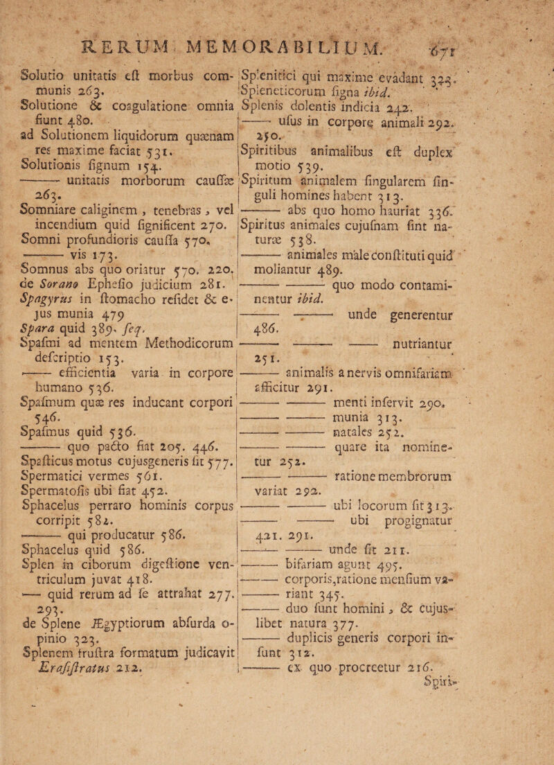 '6yi Solutio unitatis efl morbus com- Splenitici qui maxime evadant 335«, munis 263, Spleneticorum ligna ibici. ' ‘ Solutione 6c coagulatione omnia Splenis dolentis indicia 242. fiunt 4B0. ad Solutionem liquidorum queenam res maxime faciat 531. Solutionis lignum 154. -——- unitatis morborum cauffi SS ! 263, Somniare caliginem , tenebras > vel incendium quid fignificent 270. Somni profundioris caulla 570, —- vis 173. Somnus abs quo oriatur 570, 220. de Soram Ephelio judicium 281. Spagyrus in ftomacho rcfidet & e* jus munia 479 Spara quid 389* feq. Spafmi ad mentem Methodicorum defcriptio 153. —— efficientia varia in corpore humano 536. I Spafmum quse res inducant corpori ^ 54^- Spafmus quid 536. -——— quo padto fiat 205. 446. Spaflices motus cujusgeneris Iit 577. Spermatici vermes 561. Spermatolis tibi fiat 452. Sphacelus perraro hominis corpus corripit 582. ——• qui producatur 586. Sphacelus quid 586. Splen in ciborum digeffione vem triculum juvat 418. quid rerum ad fe attrahat 277. 293. de Splene JEgyptiorum abfurda o- pinio 323. Splenem frultra formatum judicavit ri(lrat&s 21.2» ufus in corpore animali 292, 2£o. Spiritibus animalibus e It duplex motio 539. Spiritum animalem lingularem Un¬ guli homines habent 313. abs quo homo hauriat 336. i -^ - Jj Spiritus animales cujufnam fint na turse 538. ——— animales male don Ili tuti quid moliantur 489. quo modo contami¬ nentur ibici. 486. 251 unde generentur —— nutriantur animalis a nervis omnifariam afficitur 291. tur 252. variat 292. 421. 291. menti inlervit 290,, munia 313. natales 252» quare ita nomine- ratione membrorum ubi locorum fit 3.13*.. - ubi progignatur unde fit 211. ——- bifariam agunt 495. —— corporis,ratione menfium va- - riant 345, --duo funt homini * & cujus° libet natura 377. duplicis generis corpori in* funt 312. -- ex quo procreetur .216. SpirL