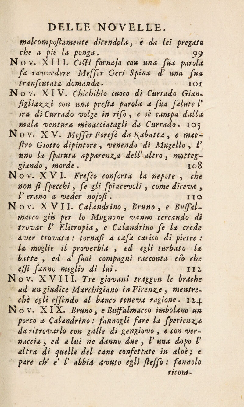 malcompojhimente dicendola, è da lei pregato che a piè la ponga. 99 Nov. XIII. Cifti fornajo con una fua parola fa ravvedere Meffer Gerì Spina d' una fna tranfcutata domanda. IOI Nov. XIV. Chichibio cuoco dì Currado Gian- figliaz^zj con una prefta parola a fua falute l* ira di Currado volge in rifo, e se campa dalla mala ventura minacciatagli da Currado. 105 Nov. XV. Meffer Forefe da ìfabatta , e mae- flro Giotto dipintore 3 venendo di Mugello , V uno la fparuta apparenza dell altro, matteg¬ giando 9 morde. 108 N o v. XVI. Frefco conforta la ne potè 5 che non fi fpecchi, fe gli fpiacevoli, come diceva , T erano a veder nojofi . no Nov. XVII. Calandrino , Bruno , e Buffal¬ macco giù per lo Mugnone vanno cercando di trovar T Elitropia, e Calandrino fe la crede aver trovata : tornafi a cafa carico di pietre : la moglie il proverbia > ed egli turbato la batte , ed a fnoi compagni racconta ciò che ejji fanno meglio di luì. 11 z Nov. XVIII. Tre giovani traggon le brache ad un giudice Marchigiano in Firenze > mentre- che egli effendo al banco teneva ragione. 12,4 Nov. XIX. Bruno, e Buffalmacco imbolano un porco a Calandrino : fannoglì fare la fperienz^a da ritrovarlo con galle di gengiovo , e con ver¬ naccia y ed a lui ne danno due , T una dopo V altra di quelle del cane confettate in aloè; e pare eh* e /’ abbia avuto egli fteffo : fan nolo ricorn*