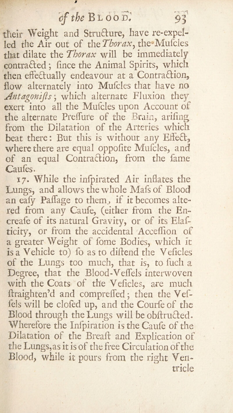 their Weight and Stru&ure, have re-expel¬ led the Air out of the Thorax, the01 Mufcies that dilate the Thorax will he immediately contrafted; fince the Animal Spirits, which then effe&ually endeavour at a Contra&ion, flow alternately into Mufcies that have no Antagonijls; which alternate Fluxion they exert into all the Mufcies upon Account of the alternate PreiTure of the Brain, arifing from the Dilatation of the Arteries which beat there: But this is without any Eifeft, where there are equal oppofite Mufcies, and of an equal Contraction, from the fame Caufes. 17. While the infpirated Air inflates the Lungs, and allows the whole Mafs of Blood an eafy PaiTage to them,, if it becomes alte¬ red from any Caufe, (either from the En- creafe of its natural Gravity, or of its Elas¬ ticity, or from the accidental Acceflion of a greater Weight of fome Bodies, which it is a Vehicle to) to as to diftend the Velides of the Lungs too much, that is, to fuch a Degree, that the Blood-Veflfels interwoven with the Coats of the Vehicles, are much ftraighten’d and comprefled • then the Vef- fels will be doled up, and the Courfe of the Blood through the Lungs will be obftrufted. Wherefore the Infpiration is the Caufe of the Dilatation of the Bread: and Explication of the Lungs,as it is of the free Circulation of the Blood, while it pours from the right Ven¬ tricle