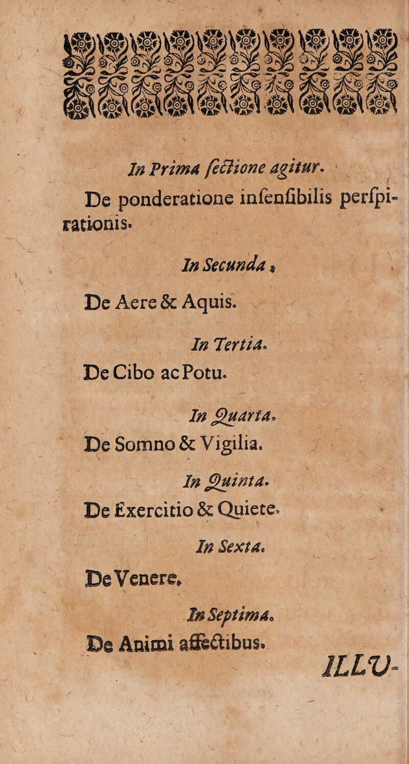 De ponderatione infenfibilis perlpi- rationis. In Secunda* De Aere & Aquis. In Tertia* De Cibo ac Potu. In Quarta» De Somno & Vigilia. In Quinta. De Exercitio & Quiete* In Sexta. DeVenere* In Septima» De Animi afie&ibus. 1LLV-