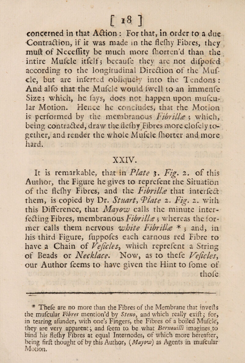 C * *8 ] concerned in that Aftion : For that, in order to a due Contraftion, if it was made in the flefhy Fibres, they muft of Neceffity be much more fhortemd than the intire Mufcle itfelf; becaufe they are not difpofed according to the longitudinal Direction of the Muf¬ cle, but are inferred obliquely into the Tendons : And alfo that the Mufcle would (well to an immenfe Size; which, he fays, does not happen upon mufeu- lar Motion. Hence he concludes, that the Motion is performed by the membranous Fthrill a ; which, being contracted, draw the flefhy‘Fibres more clofely to¬ gether, and render the whole Mufcle (hotter and more hard. XXIV. It is remarkable, that in Plate 3. Fig. 2. of this Author, the Figure he gives to reprefent the Situation of the flefhy Fibres, and the Fibrilla that mterfedt them, is copied by Dr. Stuart, Plate 2. Fig. 2. with this Difference, that Mayow calls the minute inter¬ fering Fibres, membranous Fibrill# ; whereas the for¬ mer calls them nervous white Fibrill£ * 3 and, in his third Figure, fuppofes each carnous red Fibre to have a Chain of Vejicles9 which reprefent a String of Beads or Necklace. Now, as to thefe Vejicles, our Author feems to have given the Hint to fome of thefe 11'll ■r.r.m*.—... 1 „ 1 ».■■■ ' ... 1 . 1 ■ 1 - ' * Thefe are no more than the Fibres of the Membrane that in veils the mufcular Fibres mention’d by Steno, and which really exift, for, in tearing afunder, with one’s Fingers, the Fibres of a boiled Mufcle, they are very apparent; and feem to be what Bermuilli imagines to bind his flefhy Fibres at equal Internodes, of which more hereafter, being firfl: thought of by this Author, (Mayo'w) as Agents in mufcular Motion.