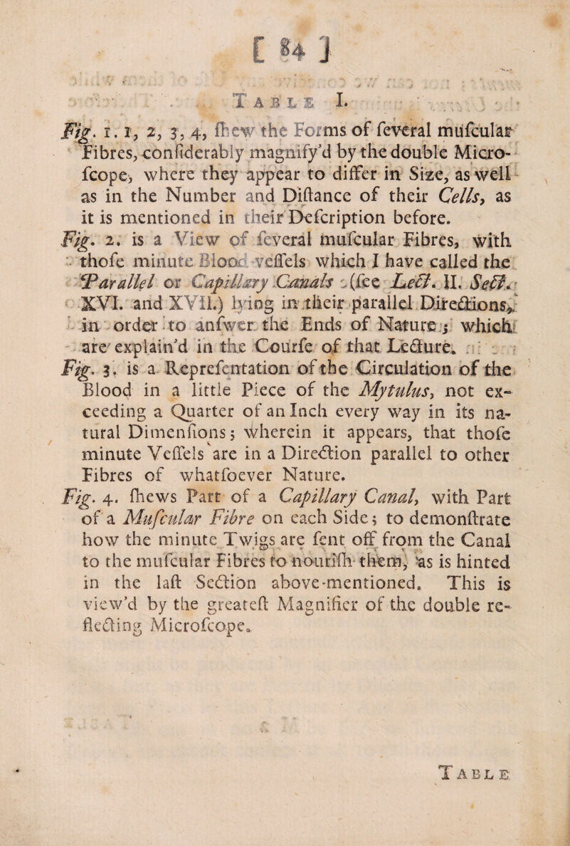 , - * * •- -v 1 l > . : i A B I<: S I* Fig. r. i, 2, j, 4, fhew the Forms of feveral mufcular Fibres, confiderably magnify Yi by the double Micro- fcope> where they appear to differ in Size, as well as in the Number and Diftance of their Ceils, as it is mentioned in their Defcription before. Fig• 2. is a View of feveral mufcular Fibres, with thofe minute Blood veffels which I have called the !'Parallel or Capillary C/mals (fee Lecl\ II. Se£f . XVI. and XVII.) lying in tlieir parallel DireCHons* in order to anfwcr; the Ends of Nature :y which are explain d in the Courfe of that Lcdure. Pig. j. is a Reprefentation of the Circulation of the Blood in a little Piece of the Mytulus, not ex¬ ceeding a Quarter of an Inch every way in its na¬ tural Dimenfiops; wherein it appears, that thofe minute Veffels are in a Direction parallel to other Fibres of whatfoever Nature. of a Mufcular Fibre on each Side; to demonftrate how the minute Twigs are fent off from the Canal to the mufcular Fibres to nourifn them, 'as is hinted in the laft Sedlion above-mentioned. This is view’d by the greateft Magnifier of the double re¬ flecting Microfcope*.