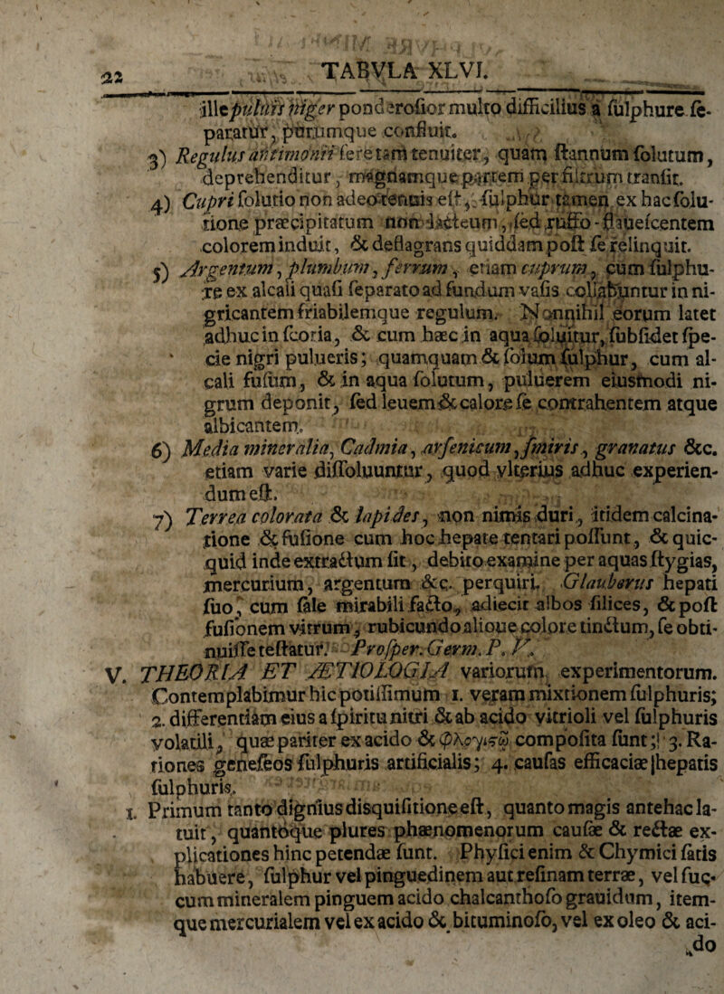 1 -f w r ^ ' 1 i * j ririr , ~ \ iWtpuftm niger pooderofior multo difficilius a fulphure (e- patarur. purumque confluit. , \ i 3) Regulusaniimoniikrtum tenuiter, quam ftannumfolutum, deprehenditur, msgnamquep^rtcrn per nitrum tranfit. 4) Cupri folutio non adeo-tenuis eft , fuiphur tamen ex baefoiu- iione praecipitatum non dintteum, fed ruffo - (hueicentem colorem induit, & deflagrans quiddam poti fe relinquit. 5) Argentum, plumbum , ferrum t eriam cuprum , cum fiilphu- re ex aleaii quafi feparato ad fundum vafis ccllabuntur in ni¬ gricantem friabilemque regulum. Nonnihil eorum latet adhuc in (coria , & cum haec in aqua (biuitur, fubfldet (pe¬ de nigri pulueris; quamquam ^cfolum fulphur, cum al¬ eati fuiiim, & in aqua folutum, puluerem eiusfnodi ni¬ grum deponit., (ed leuem & calore fe contrahentem atque albicantem» ' 6) Media mineralia, Cadmia, arfenicum ,fmiris , granatus &c. etiam varie diffoluunmr, quod vkerins adhuc experien¬ dum eft. 7) Terrea colorata & lapides, non nimis duri , itidem calcina- jione &fufione cum hoc hepate tentaripofliint , &quic- quid inde extradlum fit, debito examine per aquas ftygias, mercurium, argentum Scq. perquiri Glaubmis hepati (iio, cum (ale mirabili adiecit albos filices, &poft fuffonem vitrum, rubicundoalioue colore linitum, fe obti- nuiffeteftatur. Profper. Germ. i\ Vf. THEOTUA ET /ET 10LOGIA variorum experimentorum. Contemplabimur hic potiffimum 1. veram mixtionem fulphuris; 2. differentiam eius a (piritu nitri & ab acido vkrioli vel fulphuris volatili P quae pariter ex acido & (p$<pyi?op com pofita (unt;! 3. Ra¬ tionem genefeos fulphuris artificialis; 4. caufas efficaciae (hepatis fulphuris Primum tanto dignius disquifitione eft, quanto magis antehac la¬ tuit, quantoque plures phaenomenorum caufae & reftae ex¬ plicationes hinc petendae funt, Phyfici enim & Chymici facis habuere, fulphur vel pinguedinem aut refinam terrae, vel fug- cum mineralem pinguem acido chalcantliofo grauidum, item- quemercurialem velex acido & bituminofo,vel ex oleo & aci- *do