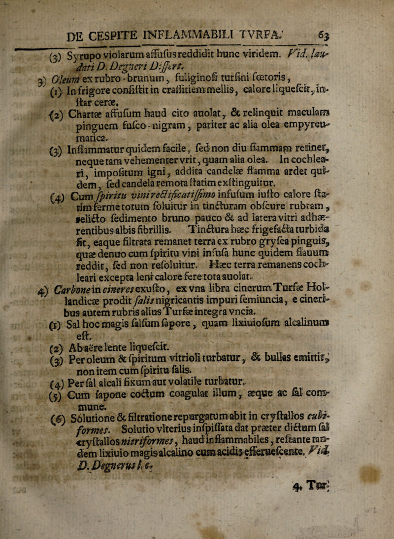 (3) Syrupo violarum affafus reddidit hunc viridem. Fid laiir* dati D. Degneri Differt* Oleum ex rubro - brunuin, fuliginofi turfini fetoris , J fyy In frigore con&ftit in crailitiem mellis, calore liquefcit5in. ftar cerae* {2) Chartae affufum haud cita auolat y & relinquit maculam pinguem fufeo-nigram, pariter ac alia olea empyreu- matica. (3) Inflammatur quidem facile, fed non diu flammam retine^ neque tam vehementer vrit > quam alia olea. In cochlea¬ ri , impofitum igni , addita candelae flamma ardet qui- dem, fed candela remota ftatitn exftinguimr, (4) Cum fpiritu vmi reBificattjpmo infufum iufto calore R&- tim ferine totum fblukur in tinfluram obfcure rubram 9 »eli£to fedimento bruno pauco & ad latera vitri adhae- rentibus albis fibrillis. Tmftura haec frigefacta turbidi fit, eaque filtrata remanet terra ex rubro gryfea pinguis, quae denuo cum fpiritu vini infufa hunc quidem flauum reddit, fed non refbluimr. Haec terra remanens coch¬ leari excepta leni calore fere tota auolat. 4) Carfonememeresexuftoex vna libra cinerum-Turfas Hoh landicae prodir /«///nigricantis impuri femiuncia, e cineri¬ bus autem rubris alius Turfse integra vncia. (1) Sal hoc magis falfumfapore, quam lixiuiofum akalinun* eft. (2) Ab aere lente liquefcif. (3O Per oleum &fpiritum vitrioli turbatur , & bullas cmittir* non item cum fpiritu falis. (4) Per fal alcali fixum aut volatile turbatur». (5) Cum fapone coCtum coagulat illum, seque ac ffl com^ mune. (€) Sblutione & filtratione repurgatum abit in cryftalios cuti* forme/. Solutio vlterius infpiffata dat praeter di&um fal cryftalios nitriformts, haudiniammabiles, reftante tan¬ dem lixiuio magisakalino eumacidis^efleruefcei^e. Fti