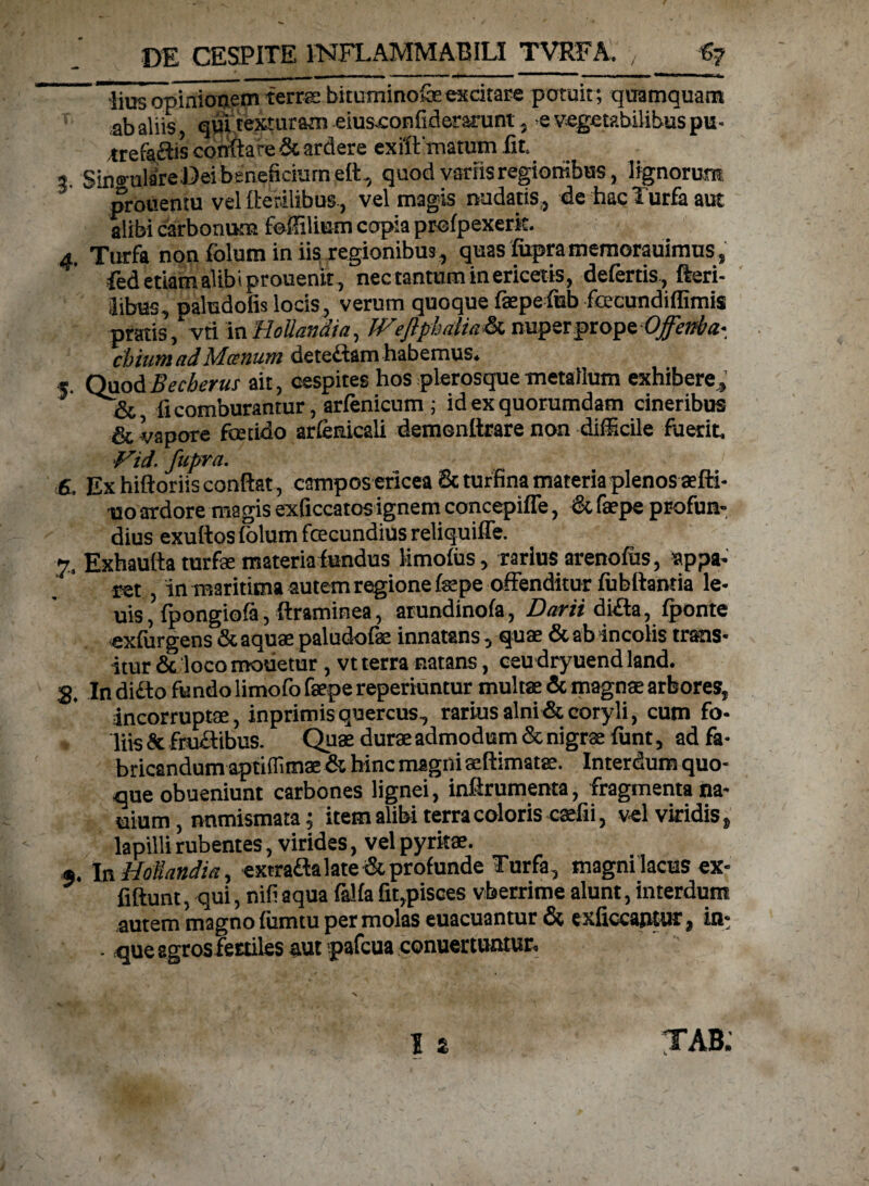 iius opinionem terra: bituminofe excitare potuit ; quamquam abaliis, qui texturam eiusconfiderarunt, >e vegetabilibus pa- rrefaftiscor&are&ardere exiftmatum fit. , SintD-ulare Dei beneficium elt. quod variis regionibus, lignorum prouentu velflerilibus, vel magis nudatis, de hac Turfa aut alibi carbonum foffilium copia profpexerk. 4, Turfa non folum in iis regionibus, quas fupramemorauimus, fed etiam alibi prouenit, nec tantum in ericetis, defertis, Heri¬ libus, paludolis locis, verum quoque faepefub fecundiffimis pratis, vti inHollandia, Weftphatia& nuper prope Offetiba- dium adManum detefiam habemus. 5. QuodBecherus ait, cespites hos plerosque metallum exhibere, ii comburantur, arfenicum; id ex quorumdam cineribus & vapore fetido arfenicali demonflrare non difficile fuerit, Vid. fupra. S. Ex hiftoriis conflat, campos ericea 8c turfina materia plenos aefti- 130 ardore ma gis exficcatos ignem concepiife, & faepe profun¬ dius exuftos folum fecundius reliquiife. 7, Exhauttaturfae materia f undus limoius, rarius arenofus, appa¬ ret in maritima autem regione fepe offenditur iubftantia le- uis, fpongioia, ftraminea, arundinofa, Darii didita, fponte exfurgens & aquae paludofae innatans, quae & ab incolis trans- itur & loco motietur, vt terra natans, ceu dryuend land. S, In di£to fundo limofo faepe reperiuntur multae & magnae arbores, incorruptae, inprimis quercus, rarius alni & coryli, cum fo- , liis& frudtibus. Quae durae admodum & nigrae funt, ad fa¬ bricandum aptifllmae & hinc magni aeftimatae. Interdum quo¬ que obueniunt carbones lignei, inflrumenta, fragmenta na¬ ulum , nnmismata; item alibi terra coloris caefii, vel viridis, lapilli rubentes, virides, vel pyritae. 5. In Hollandia, extradlalateSt profunde Turfa, magni lacus ex- fiftunt, qui, nili aqua falfa fit,pisces vberrime alunt, interdum autem magno fumtu per molas euacuantur& exficcantur, in* • que agros fertiles aut pafcua conuertuntur.