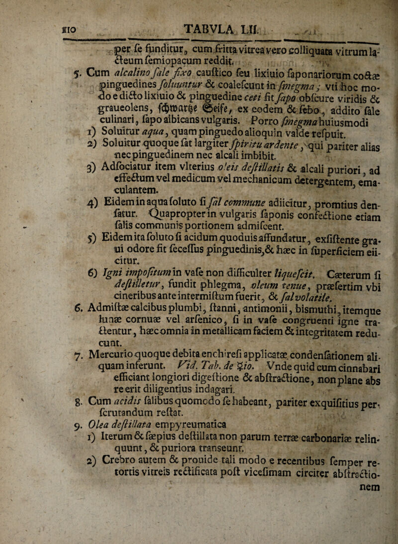 per fe funditur ,, cum fritta vitrea vero coiliquata vitrum la~ Cleum femiopacum reddit. 5. Cum alcalino/ale fixo cauftico feu lixiuio faponariorum coftae pinguedines folwritur & coalefcunt in fmegma ; vti hoc mo¬ do e di£lo lixiuio & pinguedine ceti fit fapo obfcure viridis & graueolens, f$n>ar&e ©eife, ex eodem & febo, addito fale culinari, fapo albicans vulgaris. Porro fmegma huiustnodi 1) Soluimr aqua, quam pinguedoalioquin valde refpuit. 2) Soluitur quoque fat largiter fpir itu ardente , qui pariter alias nec pinguedinem nec alcali imbibit. 3) Adfociatur item vlterius oleis deflillatis & alcali puriori ad effe&utn vel medicum vel mechanic um detergentem ema¬ culantem. 4) Eidem in aqua foluto fi Jal commune adiicitur, promtius den- fatur. Quapropterin vulgaris faponis confectione etiam falis communis portionem admifcent. 5) Eidem ita foluto fi acidum quoduisaffundatur, exfiftente gra¬ ni odore fit feceflus pinguedinis^ haec in fuperficiem eii- eitur. 6) Igni impoftumm vafe non difficulter liquefcit. Cteterum fi deftiUetur, fundit phlegma, oleum tenue, praefertim vbi cineribus ante intermiflum fuerit, & fal volatile, 6. Admiftae calcibus plumbi , ftanni, antimonii, bismuthi, itemque lunae cornute vel arfenico, fi in vafe congruenti igne tra- ftencur, haecomnia in metallicam faciem & integritatem redu¬ cunt. ° 7. Mercurio quoque debita enchirefi applicatae, condenfationem ali¬ quam inferunt. Fid. Tttb. de %io. Vnde quid cum cinnabari efficiant longiori digeftione & abflraflione, non plane abs re erit diligentius indagari, 8. Cum acidis falibus quomodo fe habeant, pariter exquifitius per- fcrutandum reflat. r 9. Olea deflillata empyreumatica 1) Iterum Stfaepius deflillata non parum terrae carbonariae relin¬ quunt , & puriora transeunt. 2) Crebro autem & prouide tali modo e recentibus femper re¬ tortis vitreis reClifisata poft vicefimam circiter abflraclio- nem