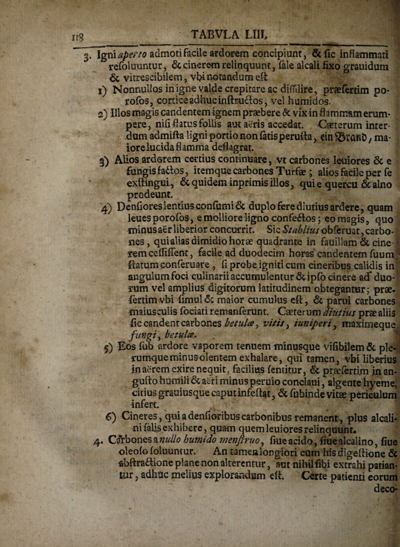 X TABVLA LIII, | ^Tlgmaperto admoti facile ardorem concipiunt, &fic Mammati refoluuntur, & cinerem relinquunt, fele alcali fixo graiiidum & vitrescibilem, vfii notandum eft 1) Nonnullos in igne valde crepitare ac difnlire, praeferrim po- rofos, cortice adhuc inftruftos, vel h umidos. 2) Illos magis candentem ignem praebere & vix in flammam erum¬ pere, nifi flatus foliis aut aeris accedat. Caeterum inter¬ dum admifta ligni portio non fetisperufta , ein-®?a«b / ma¬ iore lucida flamma deflagrat. 5) Alios ardorem certius continuare, vt carbones leuiores & e fungis fa&ps, itemque carbones Turfae; alios facile per fe exftingui., & quidem inprimis illos , qui e quercu & alno prodeunt. 4} Denfiores lentius confiitni & duplo fere diutius ardere , quam leues porofos, e molliore ligno confe&os$ eo magis, quo minus aer liberior concurrit. Sic Stablius obferuat, carbo¬ nes , qui alias dimidio horae quadrante in fauillam & cine- * rem cefiiffent, facile ad duodecim horas candentem fuum^ flatum conternare fi probe igniti cum cineribus calidis in angulum foci culinarii accumulentur &ip(o cinere adf duo- f rum vel amplius digitorum latitudinem obtegantur; prae- fertim vbi fimul& maior cumulus efi, & parui carbones maiusculis fociati remanferunt. Caeterum diutius prae aliis fic candent carbones betula 7 vitis, iuniperiy niaximeque fungi, betula l) Eos fob ardore vaporem tenuem minusque vifibilem & ple¬ rumque minus olentem exhalare, qui tamen, vbi liberius in aerem exire nequit, facilius fentitur, &; praefertim inan- gufto humili & aeri minus peruio conclaui, algente hyeme, citiusgrauiusque caput uifefiat, & fubinde vitae periculum infert. 6) Cineres, qui a denfioribus carbonibus remanent, plus alcali- ni felis exhibere, quam quem leuiores relinquunt* 4. Catfhones a nullo humido ntenftruo, fiue acido, fiuealcalino, fiue oleofo (cluuntur. An tamen longiori cum his digeftione & sbftra&ione plane non alterentur, aut nihil fibi extrahi patian¬ tur , adhuc melius explorandum eft. Certe patienti eorum deco-