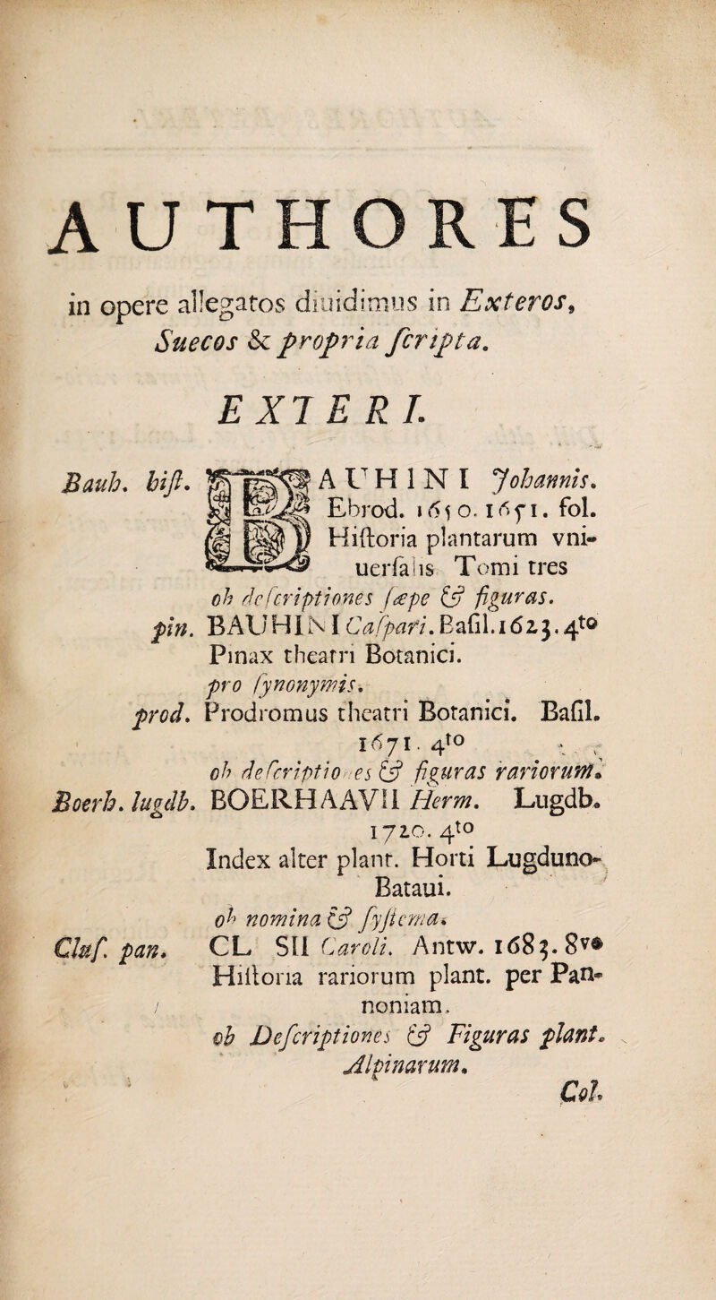 A U THORES in opere aìlegatos diuidimus in Exteros, Suecos & propria fcnpta. EXT ERI. Bauh. bifi. AURINI Jobannis. Ebrod. 1650.165*1. fol. Ridona plantarum vni- uerfahs Tomi tres oh rie!'criptiones frepe & figuras. fin. BAU HI NIC affati. Badi. 162,3.4*° Pinax thearn Botanici. jDro fynonywìs. frod. Prodromus theatri Botanici. Badi. 1671.4*0 * r oh deferiptio es & figuras rarìorunt* Boerh. lugdb. BOERHAAVH Herm, Lugdb* 1710. 4t0 Index alter planr. Horti Lugduno Bataui. oh nomina 13 fyjicma. Ciuf, fan* CE SII Caroli. Antw. 1683» Ridona rariorum plant. per Pan* / noniam. oh Defcriptiones Ì3 Figuras plant* Alpinarum, Col r