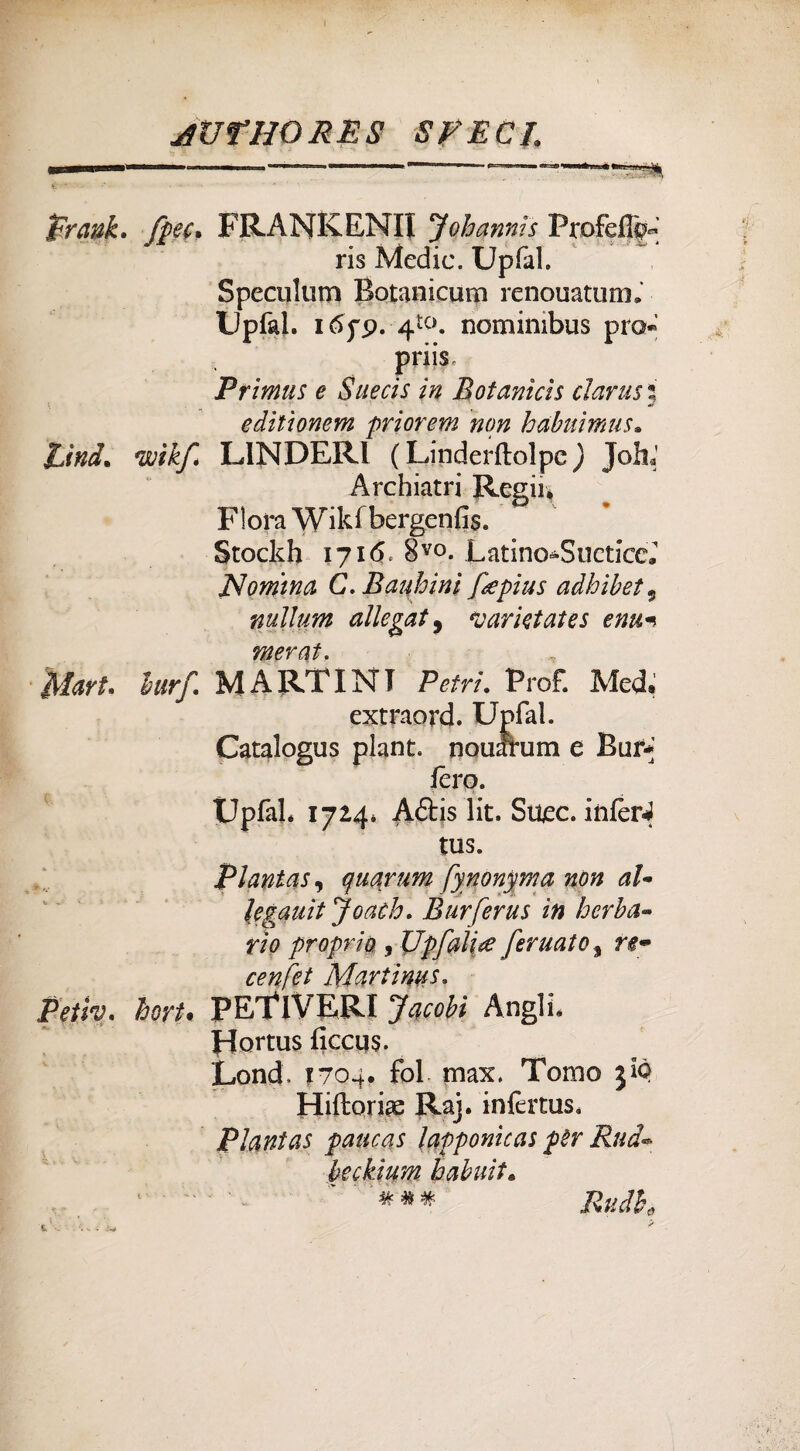 Frank, fpec. FRANK ENII Job annis Frofeffo- ris Medie. Upfal. Speculimi Botanicum renouatum.’ Upfal. i <5fp. 4tC). nominibus prò* priis Primus e Sue ci s in Rot anici s clarus editìonem priorem non h abiti mus» Zind. *wikf* LINDERl ( Linderftolpe ) Job* Archiatri Regii* Flora Wikfbergenfis. Stockh 1716* 8V°. Latino-SucticcJ Nomina C.Rauhinì fiepius adhibet 5 nullum allegai9 varktates enti* menai. Mari. lurf. MARTINI Petri. Prof. Med» extraord. Upfal. Catalogus plant. noulhim e Bar* fero. Upfal* 1724* AéHs lit. Suec. inferi tus. Plantas, quorum fynonyma non al- legauit Joaèh. Rurferus in ber ba¬ rio proprio , Upfaliie feritalo, fe~ cenfei Marti ws. Petiv. bori* PETlVTRI JacoH Angli* Hortus fìccu $. Lond, ?704. fol max. Tomo jfe Hifrori# Raj. infertus. Plantas paitcas lapponìcas per Rud* beckium habuit. KMM.