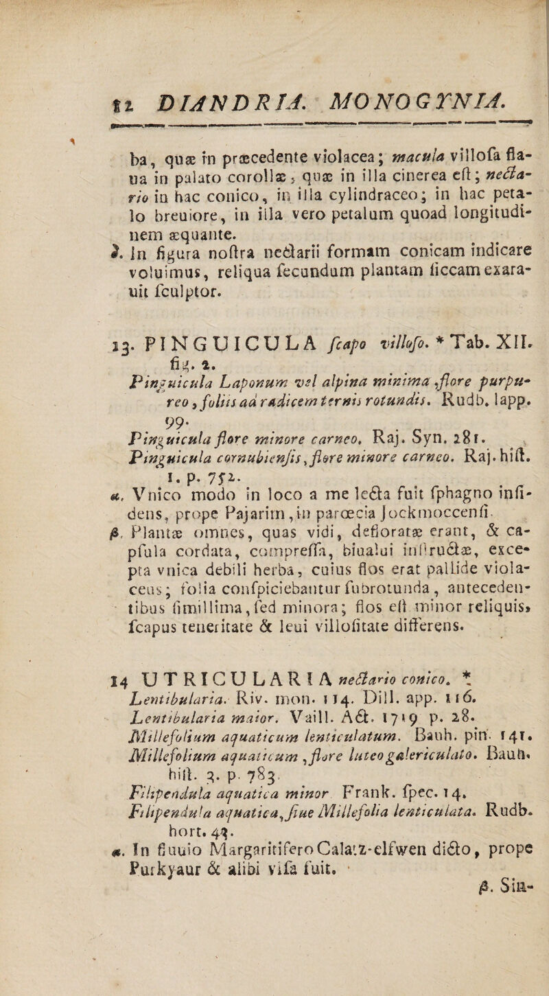 tt &IAKDR1A. MO NO G TNIA. ba, quse in precedente violacea; macula villofa fia¬ ti a in palato corolla, quae in il la cinerea eft; netta¬ rio in hac conico, in illa cylindraceo; in hac peta¬ lo breuiore, in illa vero petalum quoad longitudi- nem acquante. ì. In figura noftra ne&arii formam conicam indicare voìuimus, reliqua fecundum piantana iìccamexara- uit fculptor. 13. PINGUICULA [capo villofo. * Tab. XIL fig» 2. Pin/uicula Laponum dsI alpina minima flore purpu¬ reo , foliis ad radicew terni* rotundis. Rudb* 1 app. 99- Pinquietila flore minore carneo. Raj. Syn. 28 f - Pinguicula cornubienjis„flore minore carneo. Raj.hift. I. p. 75*2. «, Vnico modo in loco a me leda fuit fphagno infi- dens, prope Pajarim,in paroecia Jockmoccenfi. fi, Piantai omnes, quas vidi, defioratse erant, & ca- pfula cordata, compreffo, biuaìui infirudae, exce- pra vnica debili herba, cuius fios erat pallide viola¬ cea $ ; folia confpiciebantur fubroiunda , anteceden- tibus fimillima,fed minora; flos eli minor reliquis» fcapus teneritate & leni villofitate differens. 14 UTRIGU LARIA nettario conico. * Lentibularia. Riv. moti. 1J4. Dii 1. app. tró. Lentibularia maior. Vaili. Ad. 17'9 P* 28. JMillefolium aquaùcuvn lenticulatum. Bauh. pili- f 4T• JMillefolium aquaticum , flore luteogalericulato. Bauli» hill. 3. p. 783. Filipendula aquatica minor Frank, fipec. 14. Filipendula aquatica ^fiue Mitlefolia lenti culai a. Rudb. hort. 43. *. In fiuuio Margarinerò Calatz-dfWen dido, prope Purkyaur & alibi vrfa i'uit. fi. Sin-