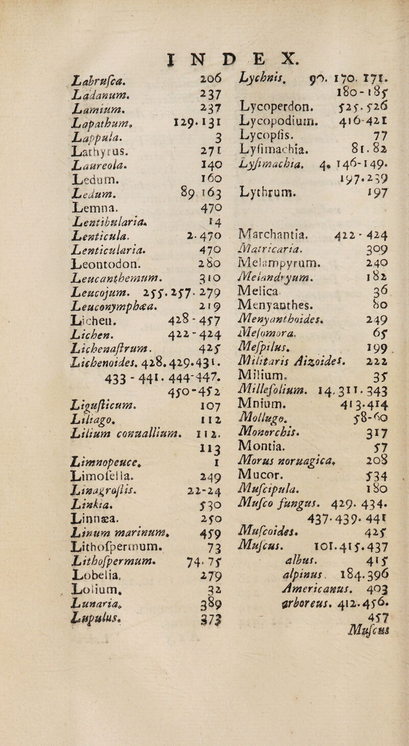 Lahrnfca. Lddanum. Larmum. Lapathum. Lappala. Lathyrus. Laureola. Ledurn. Ledum. Lemna. Lenùbularia« Lenticula, Lenticularia. Leontodon. I N D 206 237 237 129.131 3 271 140 160 89 163 470 f4 2.470 4 7° 280 Lene antherarim. 3 *0 Leucojum. 2yy. 257. 279 Leuconymphcta. 219 Lìchen. 418-45-7 Lichen. 422-424 Lichenaflrum. 4*S Lichenoides. 428.429.431 « 433-441.444-447. 450“45'2 Ltgujìicum. 107 Li li ago* 11 2 Liitum cotsttallium, 112. 113 Lìmnopeuce* 1 Limoieila. 249 Lmagrajlis. 22-24 Linkta. J 30 Linnsa. 2fo Linum marinum* 4J9 Lithofperrnum. 73 Lithofpermum. 74* 7f Lobelia. 279 Loiium, 32 Lunaria* 389 Lupulus, 373 E X. Lychnis. 90. i/O- 171. 180- 88$* Lycoperdon. pf.yió Lycopodiuin. 416-42.1 Lycoptìs. 77 Lyfimachia. 81.82 Lyfimachia. 4* 146-149. 197.239 Lythrum. 197 Marchantia. Mairi caria. Meiampyrum. JVteLindryum. Melica Menyaothes. 422 - 424 3°9 240 182 36 ho Menyanthoides. 249 jMej ornar a. 65* Mefptlus. 199 Militarti AizoideS. 22 2 Miìium. 35* Mìllefolium. 14,311.343 Mnium. 413.4x4 Alo Hugo. y8-6o Monere hii. 3*7 Montia. 57 Morta noruagica. 208 Mucor. 534 Aìufctpula. 180 Mufco fungus. 429.434. 437.439.441 Mufco ides. 42^ Mufcus. 10i.41y.437 alhtu. 415* alpinus. 184.396 Americanus. 403 #rboreus. 412.4y6. 4SI Alujcm