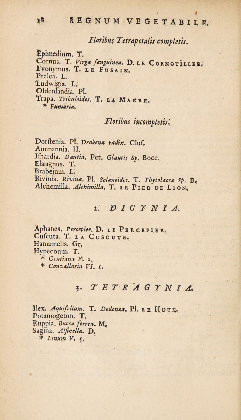 I I ^ REGNUM VEGETABILE, Floribus Tetrapetalis completis. Spimedium. T. Cornus. T. Virga [anguinea* D. le CoRNOuiLLE&«i JBvonymus. T. le Fusain. Ptelea. L. Ludwigia. L. Oldenlandia. PI. Trapa. Tnbuloides, T. la Macrb, * lumaria* Floribus incompletisl Dorftenia. Pl. Drakena radix. Cluf. Ammannia. H. Ifnardia. Dantia. Pet. Glaucis Sp. Bocc. ELeagnus. T. Brabejum. L. Rivinia. Rivina. Pl. Solanoides. T. Thytolacca Sp. B* Alchemilla. Alchimilla. T. le P i e d de L i o n* U B I G r N 1 A. Aphanes. Vercepier. D. le Percepier» Cufcuta. T. la Cuse u TE. Hamamelis. Gr. Hypecoum. T. * Gentiana V. 2, * Convaltaria VI. 1. 5- T ET R A G T N I A. Ilex. Aquifolium. T. Dodon&ct. PL le Houx. Potaniogeton. T. Ruppia. Bucca ferrea. Mt Sagina. Alfinella. D,