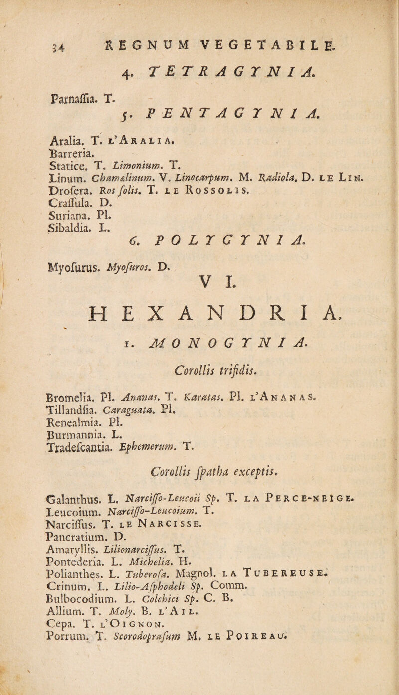 4, TETRAGTNI A. U ParmiTia. T. 5. PENTAGI NI A. Aralia. T. 1’Aralia, Rarreria. Statice. T. Limonium. T. Linum. Cham&linum. V. Linocarpum. M. Radiola. D. le Lin. Drofera. Rosfohs, T. le Rossolis. Craffula. D. Suriana. PL Sibaldia. L. C. POLTGTNI A. Myofurus. Myofuros. D. V L HEXANDRIA, 1. MONOGTNI A. Corollis trifidis. Bromelia. Pl. Ananas. T. Karatas. Pl. lsA nanas® Tillandlia. Car agnata, Pl. Reneaimia. Pl. Rurmannia. L. Tradefcantia. Ephemerum. T. Corollis fpatha exceptiso Galanthus. L. Narcijfo-Leucoii Sp. T. la Perce-neige. Leucoium. Narcijfo-Leucoium. T. Narciffus. T. le Narcisse. Pancratium. D. Amaryllis. Lilionarciffus. T. Pontederia. L. Michelia. H. Polianthes. L. Tuberofa. Magnol. la TuBEREUSE. Crinum. L. Lillo-Afphodeli Sp. Comm, Bulbocodium. L. Colchici Sp. C. B. Allium. T. Moly. B. l’Ail. Cepa. T. l’Gignon. Porrum. T. Scorodoprafum M. le Poireau.