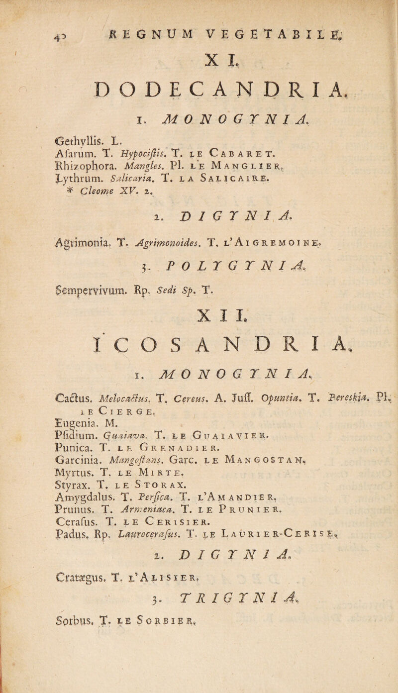 4D m REGNUM VEGETABILI; L DODECANDRIA. i. M0N0GTN1 A. Gethyllis. L. Afarum. T. Hypocifiis. T. le Cabaret. Khiyophora. Mangles. Pl. l'e Manglier, jLythrum. SAlicaria. T. la Salicaire. ^ Cleome XV. 2. 2. T> 1 G T N I A. Agrimonia» T» Agrimonoides. T, l’Aigremoine. 3. P 0 L7 G T N I Aa Sempervivum. Rp, Sedi sp. T. XII. ICOS ANDRIA, 1. MONOGJNI A, Caelus. Melocattus. Ts Cereus. A. TuiT. Opuntia. T. Pereskia. PL 1 E Cierge, Eugenia. M. Pfidium. Quaiava. T. le Git ai a vi er. Punica. T. le Grenadier. Garcinia. Mangcfians, Garc. le Mangostan. Myrtus. T. le Mirte. Styrax. T. le Storax. Amygdalus, T. Perfica. T. l’Amandier. Prunus. T. Armeniaca. T. l e Prunier. Cerafus. T. le Cerisier. Padus. Rp. Laurocerafus. T. le Laurier-Cerise, 2. D I G T N 1 A, Crat^gus. T. PAusler. 3. TRIGTNIA* Sorbus. T. L E Sorbier,