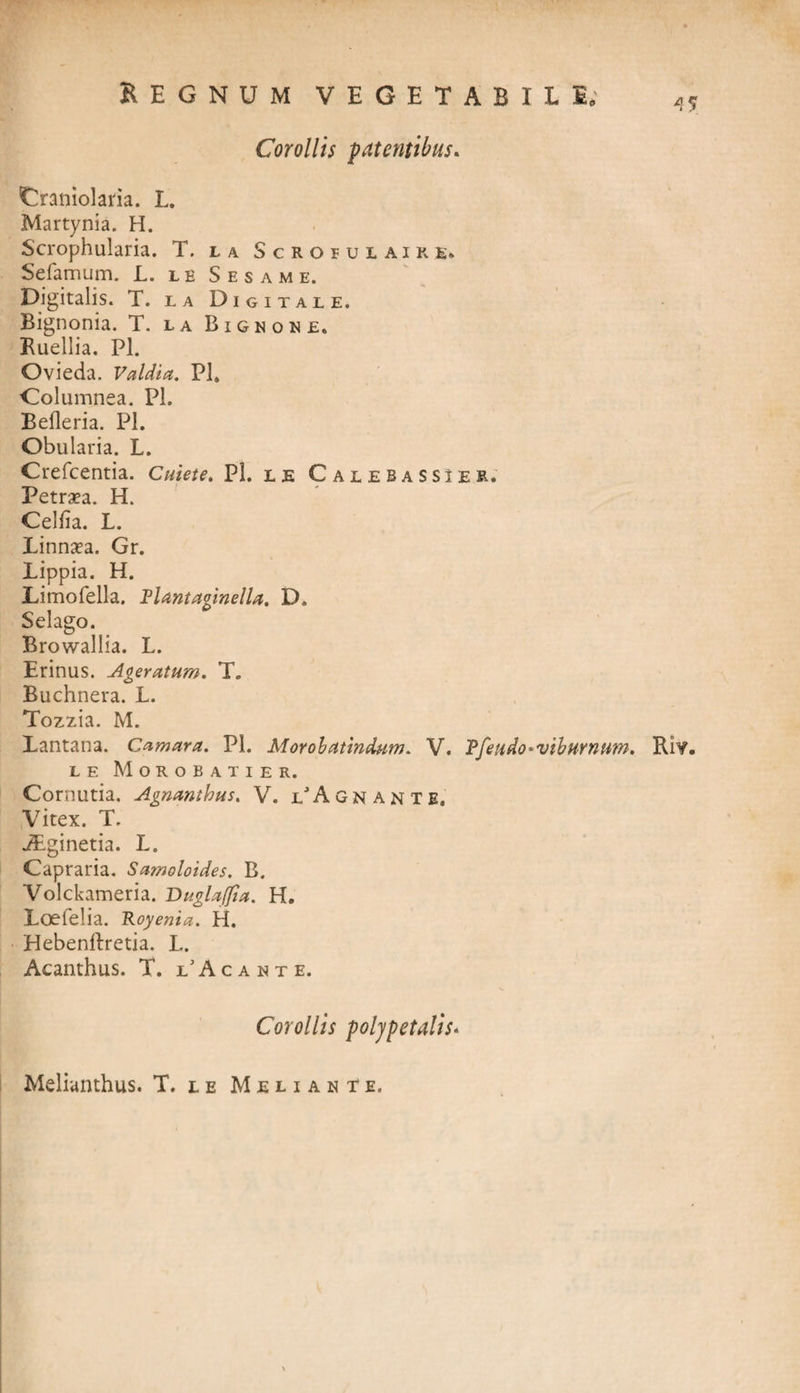 Corollis patentibus. Oaniolaria. L. Martynia. H. Scrophularia. T. l a Scroeulaire» Sefamum. L. le Sesame. Digitalis. T. la Digitale. Bignonia. T. la Bignone. Ruellia. Pl. Ovieda. Valdia. Pl4 Columnea. Pl. Befleria. Pl. Obularia. L. Crefcentia. Cuiete. Pl. le Calebassier. Petrea. H. Celfia. L. Linnaea. Gr. Lippia. H. jLimofella. Plantaginella, D. Selago. Browallia. L. Erinus. Ageratum. T. Buchnera. L. Tozzia. M. Lantana. Camam. Pl. Morobatindum. V. Tfendo^viburnum. Rif. l e Morobatier. Cornutia. Agnanthus. V. ljAgnante. Vitex. T. JEginetia. L. Capraria. Samoloides. B. Volckameria. Duglajfia. H. Loefelia. Royenia. H. Hebenftretia. L. Acanthus. T. l Acahte. Corollis poljpetalis« Melianthus. T. le Meliahte,