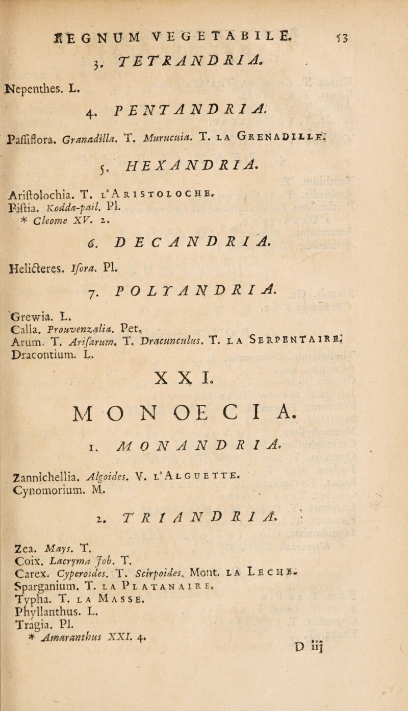 h TET RAN D RI A. Kepenthes. L. 4. P E NT A N 3 RI A. Pafluflora. Granadilla. T. h/Iurucuut. T. la Grenadiile. 5. HEXAN3RIA. Ariftolochia. T. l A ristoloche, pjitia. Kodda-pail. PL * Cleome XV. z. a. DECANDRl A. Helicleres. Ifira. Pl. 7. POLYANDRIA. Grewia. L. Calla. Frouvenzalia. Pet* Arum. T. Ari far um. T. 'Dracunculus. T. la SeRPENTA IRB* Dracontium. P. XXI. M O N OE C I A. 1. MONANDRl A. Zannichellia. Algoides. V. 1’Alobeite. Cynomorium. M. 2. TRtANDRI A. \ Zea. Mays. T. Coix. Lacryma Job. T, Carex. Cyperoides. T. Scirpoides^ Mont. la Leche* Sparganium. T. la Platanaire. Typha. T. la M a s s e. Phyllanthus. L. Tragia. Pl. * Ametranthus XXI. 4.