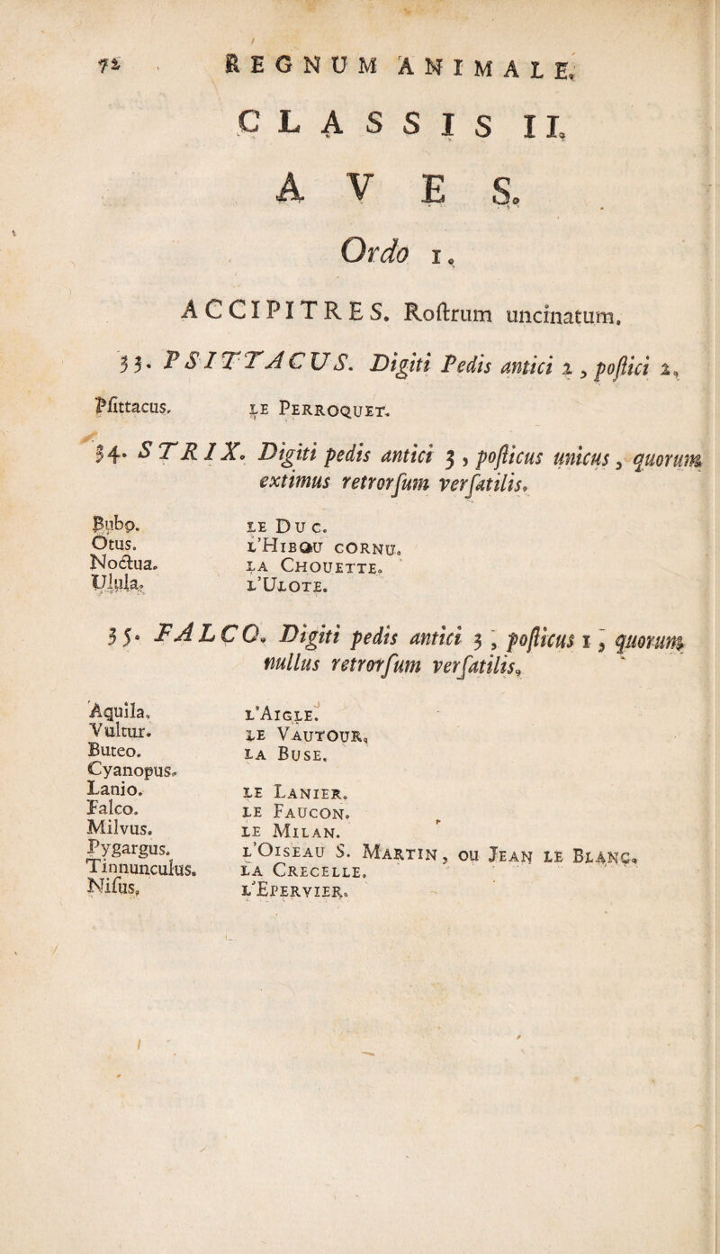 n . REGNUM ANIMALE, CLASSIS II, AVES. Ordo x, ACCIPITRES. Roftrum uncinatum. 33. PSITTACUS. Digiti Pedis antici 1, pojlici %, Mttacus, le Perroquet. 14» STR1 Xo Digiti pedis antici 3 , pojlicus unicus 3 quorum extimus retrorfum verfatilis, Bwbp. ie Duc. OtUS. 1,’HlEQkU CORNU. No&ua» ia Chouette. TJliila» l’Uxote. 3 5« F ALCO. Digiti pedis antici 3 , po/licus 1, quorum nullus retrorfum verfatilis„ Aquila. Vultur. Buteo. Cyanopus, Lanio. Ealco. Milvus. Pygargus. Tinnunculus. Nifus» l’Aigle. i-E Vautour, ia Buse. le Lanier. LE FaUCON. LE MlLAN. i/Oiseau S. Martin, ou Jean le Bianc, la Crecelle. i/Epervier» 1