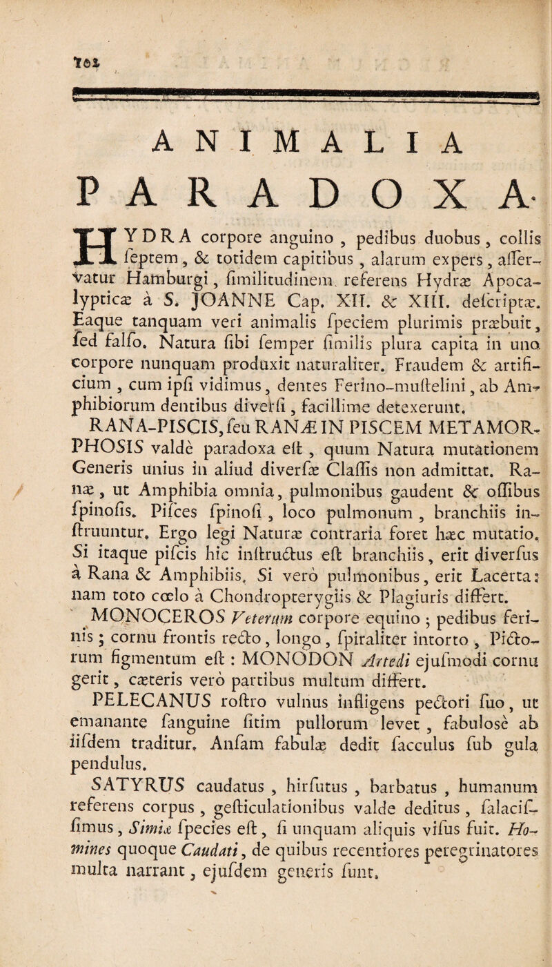 ANIMALIA PARADOXA HYDRA corpore anguino , pedibus duobus, collis feptem, & totidem capitibus, alarum expers, aller- Vatur Hamburgi, fimilitudinem. referens Hydras Apoca- lypticas a S. JOANNE Cap. XII. «Sc XIII. defcriptas. Eaque tanquam veri animalis fpeciem plurimis praebuit, fed falfo. Natura libi femper fimilis plura capita in uno, corpore nunquam produxit naturaliter. Fraudem & artifi¬ cium , cum ipfi vidimus, dentes Ferino-mufielini 5 ab An> phibiorum dentibus diverfi , facillime detexerunt, RANA-PISClS,feu RANAiIN PISCEM METAMOR¬ PHOSIS valde paradoxa elt , quum Natura mutationem Generis unius in aliud diverfas Claftis non admittat. Ra¬ nas, ut Amphibia omnia, pulmonibus gaudent &c oflibus fpinofis. Pifces fpinofi , loco pulmonum , branchiis in- Eruuntur, Ergo legi Naturas contraria foret hasc mutatio. Si itaque pifcis hic inltrudus efl branchiis, erit diverfus a Rana & Amphibiis. Si vero pulmonibus, erit Lacerta: nam toto coelo a Chondropterygiis & Plagiuris differt. MONOCEROS Veterum corpore equino ; pedibus feri¬ nis ; cornu frontis redo, longo, fpiraliter intorto , Pido- rum figmentum eft : MONODON Artedi ejuimodi corna gerit, ceteris vero partibus multum differt. PELECANUS roftro vulnus infligens pedori fuo, ut emanante fanguine fitim pullorum levet , fabulose ab iifdem traditur, Anfam fabulas dedit facculus fub gula pendulus. SATYRUS caudatus , hirfutus , barbatus , humanum referens corpus , gefticuladonibus valde deditus, falacif- fimus, Simia fpecies eft, fi unquam aliquis vifus fuit. Ho~ mines quoque Caudati, de quibus recenttores peregrinatores