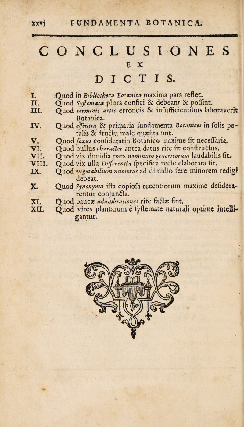 i. ii. m. IV. V. VI. VII. VIII. IX. XI. XII. • \ ONCLUSIONES E X DICTIS. Quod in Bibliotheca Botanica maxima pars reflet. Quod Syftemata plura confici & debeant & poflSnt. Quod terminis artis erroneis & infufficientibus laboraverit Botanica. Quod e (Tenti a primaria fundamenta Botanices in folis pe¬ talis Sc fructu male quaefita fint. Quod jfexus confideratio Botanico maxime fit necefifaria. Quod nullus characler antea datus rite fit conftrudius. Quod vix dimidia pars nominum generi eorum laudabilis fit. Quod vix ulla Differentia fpecifica refte elaborata fit. Quod vegetabilium numerus ad dimidio fere minorem redigi debeat. Quod Synonyma ifta copiofa recentiorum maxime defidera- rentur conjuncta. Quod pauca? adumbrationes rite fa£tae fint. Quod vires plantarum e fyftemate naturali optime intelli* gantur.