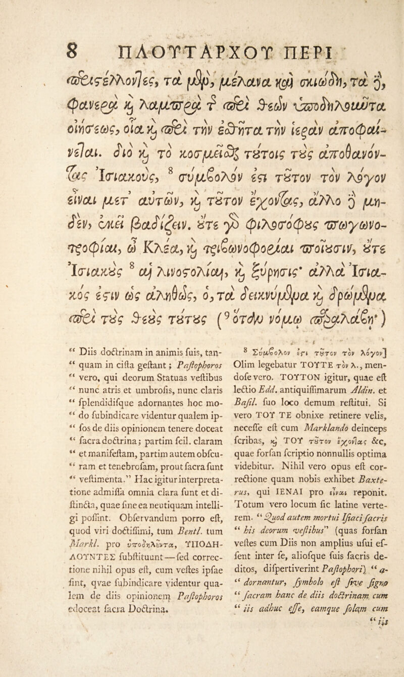 \ s ΠΛΟΥΤΑΡΧΟΥ ΠΕΡΙ ndtifidhovlig, τα fip, μελαναι@ί mdb, ret $, φανεζβ % Χαμ'υτζβ τ1 isfe* Β-εών νζυο$ίι?\9α/οτα οΐήτεως, oidKj <dfel την έο$ητατην ιεξάν αποφαί* νίίαι. $ιο yy το χοτμ,αο^ τύτοις τύς αποΰανον- %ις ’Ιτιαχούς, 8 συμποτών Ιςι τώτον τον Χ$γον είναι μετ’ αυτών, Kj τώτον gχον%ις, ct/λο q μη- $h> cncei βα$ίζαν. %τε 'β φιλ$το'φχς Ότωγωνο- τξοφίΜ, ω.Κλέα,νί) τξ&ωνοφο&αι ΌΤοΊχτιν, ύτζ 1 (Γιακάς 8 aj λινοτολία], ^ ζυρηνις* αλλάΊτια- χος εςιν άς αληθώς, ο, τα $eixvvfjQfa hj $ρώμβμα <τ$6Ϊ τ$ζ Βεπς τύτας (9 οτά/j νοαω ηΑοαΚάζη·) ξζ Diis dodrinam in animis fuis, tan- quam in cifta geftant; Pafiophoros €i vero, qui deorum Statuas veftibus nunc atris et umbroiis, nunc Claris “ lplendidifque adornantes hoc mo- tf< do fubindicare videntur qualem ip- !ii fos de diis opinionem tenere doceat €i facradodrina; partim fcih claram et manifeftam, partim autemobfeu- fti ram et tenebrefam, proutfacrafunt *ε veftimentad’ Hacigiturinterpreta- tione admifta omnia ciara funt et di- ftinda, quae fmeeaneutiquajn intelli- gi poiTint. Obfervandum porro eft, quod viri dodiffimi, turn Bentl. turn filarkl. pro υπο$η\νντα,9 ΥΙΙΟΔΗ- ΛΟΤΝΤΕΣ fuhftituunt— fed correc- tione nihil opus eft, cum veftes ipfae lint, qvae fubindicare videntur qua¬ lem de diis opinionem Pafiophoros edoceat facra Dodrina. 8 Σνμ^ολον In τρίτον τον Xoyov~j Olim legebatur TOYTE τον A., men- dofevero. ΤΟΥΤΟΝ igitur, quae eft ledio Edd, antiquiflimarum Aldin. et Bafil. fuo loco demum reftitui. Si vero TOY TE obnixe retinere velis, neceffe eft cum Marklando deinceps feribas, Kj TOY rSτον εχονΊας &C9 quae forfan feriptio nonnullis optima videbitur. Nihil vero opus eft cor- redione quam nobis exhibet Baxte- rus, qui IENAI pro εϊvan reponit., Totum vero locum lie latine verte- rem. “ Quod autem martin Ifiacifacris “ his deorum vefiibus' (quas forfan veftes cum Diis non amplius ufui ef- fent inter fe, aliofque fuis facris de¬ ft itos, difpertiverint Pafiophori\ i( #- i( dornantur, fymholo efi five fignp Ci Jacram hanc de diis do dir in am, cum i£ its adhuc ejfe> eamque folam cum I
