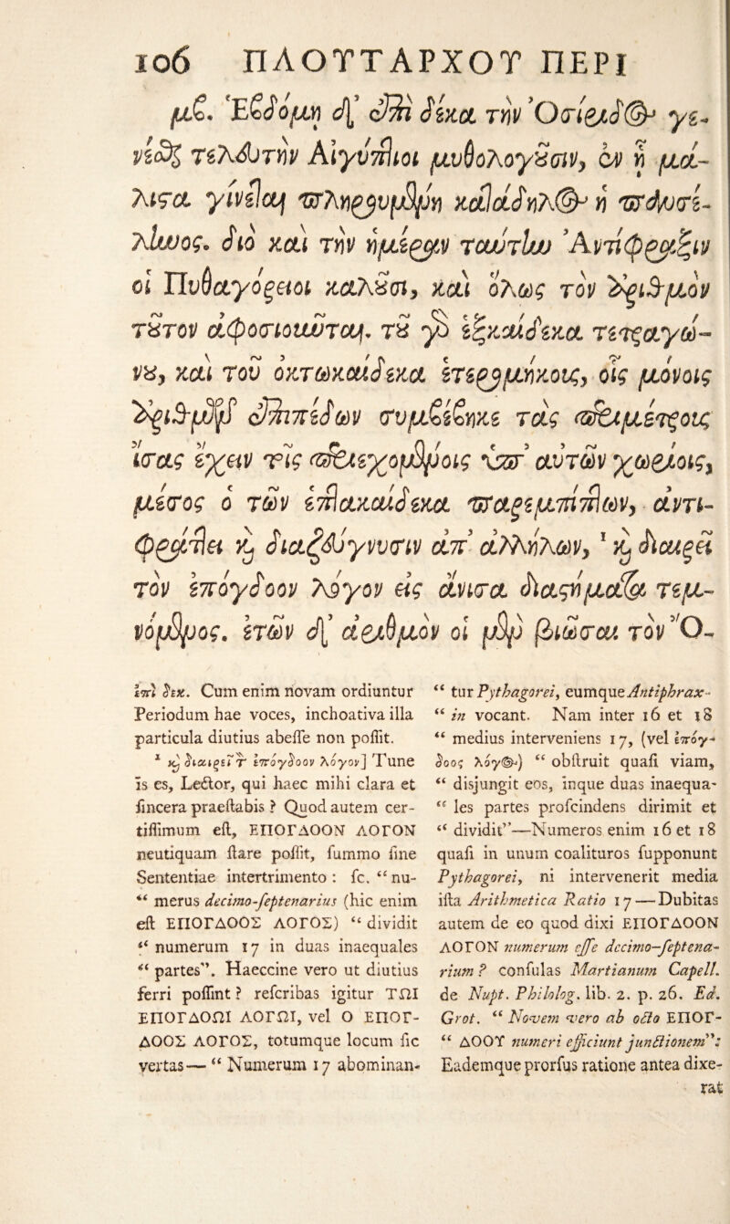 μ,ζ. Ε&$ομγ\ cf[ cffri $έκα. tjiv ’θ(τί&,$(& yg- ΤέλΛ>τ«ν AΙγνττΙιοι μυύολογχσιv, a> w μα- Λί^α. yivilctj kclIclSyi?^ n TZdmi- 7\Ιινος. $ιο και τνϊν ν\μίζ^ν τcwtIw ’Av7ίφζμίζίν οι ΐΙν$αγόξαοι καλχσι, και ολως τον ^ξΐΒ-μον tStov atpotrtoiWTcq. τδ y> ϊζκΜό'ζκα τζτςαγω- ν%, καί τον οκτωκοά$ζκα Ιτζ^μήζοίζ, οίς μόνοις Χξ&μψ cBmi$m τυμζ&ΜΖ τας π&μετξοις ϊτας νχμν τις α^Λίχοφροις χτΡ αυτών χούβίοις3 μίτος ο των ίττίακαί^ίκα τταξί μήτρων3 αντι- φζμτια ^ $ιαζά)γνντιν απ’ αΜ^λων, 1 ^ $\οαξϋ τον ζπόγ$ ο ον 7\όγον «V aWa $ΙαςήμΑ τζμ- νόμβμος. \των </[’ άξβμον οι μίψ βιωται τον Ο- Isrl Cum enim novam ordiuntur Periodum hae voces, inchoativa ilia particula diutius abeiTe non poftit. 1 kJ ^ια^εΓτ ETroy^ooy Aoyov] Tune Is es, Ledtor, qui haec mihi clara et ilncera praeftabis ? Quod autem cer- tiflimum eft, ΕΠΟΓΔΟΟΝ ΛΟΓΟΝ neutiquam ftare poftit, fummo line Sententiae intertrimento : fc. “nu- 4< merus decimo^feptenarius (hie enim eft ΕΠΟΓΔΟΟΣ ΛΟΓΟΣ) “ dividit 4< numerum ly in duas inaequales *c partesT Haeccine vero ut diutius ferri poflint ? refcribas igitur ΤΩΙ ΕΠΟΓΔΟΩΙ ΑΟΓΩΙ, vel Ο ΕΠΟΓ¬ ΔΟΟΣ ΛΟΓΟΣ, totumque locum fic vertas— “ Numerum 17 abominan- “ tur Pythagorei, eumque Antiphrax- “ in vocant. Nam inter 16 et x 8 “ medius interveniens 17, (vel e7roy- $οος λογ&) “ obftruit quail viam, “ disjungit eos, inque duas inaequa- ei les partes profeindens dirimit et iC dividit1’—Numeros enim 16 et x8 quaft in unum coalituros fupponunt Pythagorei, ni intervenerit media ifta Arithmetica Ratio 17—Dubitas autem de eo quod dixi ΕΠΟΓΔΟΟΝ ΛΟΓΟΝ numerum cjfe dccimo-feptena- rium ? confulas Martianum Capell. de Nupt. Philolog. lib. 2. p. 26. Ed. Grot. t£ No<vem vero ah odto ΕΠΟΓ- “ ΔΟΟΥ nurneri ejjiciunt jun£lio7iemy: Eademqueprorfus ratione antea dixe-