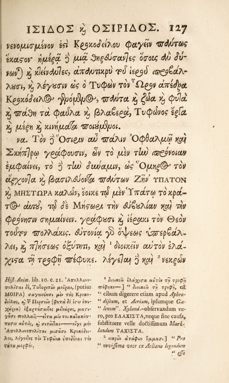 νενομιτμίνον εά Κ^βχο^ειλον (pctyiiv πάντως imgor ημίξά ο W ^ηξάίτανίες ocrotg άυ Sir I νωΆ % κΐώώνΐίϊ} άπόμτιχρν rci ίε^βci πθ%>άλ~ λ«<π, ^ λεγατιν ως ο Τνφων τοι/ Ώ^βΡ άπεάξ& I Κ^κο'άιλ©’ '^opfy;©', πάότα % $5λ ^ Φ*3λ ^ πά$η τα φαίΐλα ^ βλα&εζμ, Ύνφάνος ϊξία. £ jui^H ^ Χΐνημε& OFOWf&fJOL να. Τον q :'θ<η£ΐν ouj πάλιν ΌφΟαλμω ψ% Σκήττ7ρω γ^μφουτιν, ων το μεν tIw m^voim εμφαίνει, το q tIw $ιαίαμιν, ως Ομηξ& τον άξχον}α % βα<πλ&)ον(& πάντων Ζην’ τπατον κ) ΜΗΣτηΡΑ καλά, sWg 7τί μεν'Ύπάτω τοκρα- τ©' οί/^£ to <fs M«V«6a tw άϊζχλια# ιμ) την φζβνητιν (τημοάναν. γ^μφαστ χ} ίεζμχι τον Θεόν τοιϊτν πολλάχις. άϊτονία. β> οψεως χζτερ&άλ- λβ, £ πΊήτεως οζντητι, ψ] 1 SloixUv cw τον ελά- χΐ9Λ τη τζβφη πεφυχε, λεγίΐομ q νμ) 7 νεχξάν I Hifl.Anim, lib. ΙΟ. C. 21. ’Ά^τολΑ&ι/ο» πολΐται SI, ΤενΊνξετων μοΐξαι, (potius ΜΟΙΡΑ) tf-ayjiJ'ejiyeri fdv Κροχο- Φί'ιλΰς, jt} ν ϊΐίξσεων (φυτά Si &ην Ιττι- | χωξία) ίζ&ξτνσανίες μίίεάξϋς, μαη- ysat πολλαϊς—ιίτα μεν τοιχάΙαχοττ* Tacnv avT8c, jcJ aiTbilai— ο! y£ pt-ά ^ΑπολΚωνοπολΐταε μισαςη Κρο%oSn- λον, λεγονίες τον Ύνφωνα vmSvvou rw ?ύτ& μοξΦτιν> 1 Sioixstv Ιλά^ζΐΓχ αυτόν τ? τροφή πεφυχε—~ ] ίέ SioixtTv τϊ τροφή, ell €( cibum digerere etiam apud Apbro- difeum, et Aerium, ipfumque Ga fii knu?n\ J^/^W.-obfervandum ve¬ to, pro EAAXIXTA^neque fine caufa* fubftituere velle do&iifimum Mark- j» landum ΤΑΧΙΣΤΑ, vixpm άταφων ϊμμχρι] C£ Pro u mnjiJTima voce exAeliano Ugendum