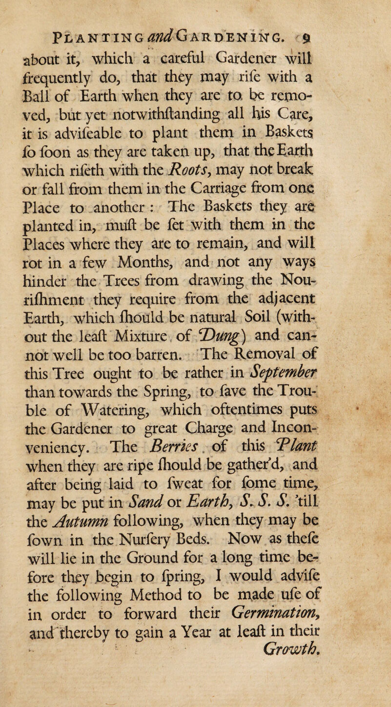 about it, which a careful Gardener will frequently do, that they may rife with a Ball of Earth when they are to be remo¬ ved, but yet notwithftanding all his Care, it is advifeable to plant them in Baskets fo foon as they are taken up, that the Earth which rifeth with the Roots, may not break or fall from them in the Carriage from one Place to another: The Baskets they are planted in, nuift be fet with them in the Places where they are to remain, and will rot in a few Months, and not any ways hinder the Trees from drawing the Nou- rifliment they require from the adjacent Earth, which Ihould be natural Soil (with¬ out the leaft Mixture of ©mg) and can¬ not well be too barren. The Removal of this Tree ought to be rather in September than towards the Spring, to fave the Trou¬ ble of Watering, which oftentimes puts the Gardener to great Charge and Incon- veniency. The Berries of this Riant when they are ripe fhould be gather'd, and after being laid to fweat for fome time, may be put in Sand or Barth, S. S. S. 'till the Autumn following, when they may be fown in the Nurfery Beds. Now as thefe will lie in the Ground for a long time be¬ fore they begin to Ipring, I would advife the following Method to be made ufe of in order to forward their Germination„ and thereby to gain a Year at leaft in their - Growth.