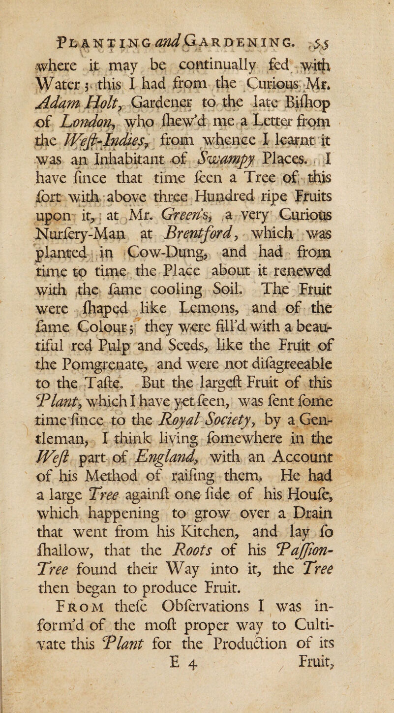 where it may be continually fed with Water* this I had from the Curious-Mr* Adam Holt, Gardener to the late Bilhop of London, who fhew’d me a Letter from the Well-Indies, from whence X learnt it was an Inhabitant of Swampy Places. X have fince that time ften a Tree of; this fort with above three Hundred ripe Fruits upon it., at Mr. Greens, a very Curious Nurlery-Man at Brentford, which was planted in Cow-Dung, and had from time to time the Place about it renewed with the fame cooling Soil. The Fruit were fhaped like Lemons, and of the fame Colours they were fill'd with a beau¬ tiful red Pulp and Seeds, like the Fruit of the Pomgrenate, and were not difagreeable to the Tafte. But the largeft Fruit of this Riant, which I have yet Teen, was fent fome time fince to die Royal Society, by a Gen¬ tleman, I think living fbmewhere in die Weft part of England, with an Account of his Method of railing them. He had a large Tree againft one fide of his Houle, which happening to grow over a Drain that went from his Kitchen, and lay fo Xhailow, that the Roots of his Rajfton- Tree found their Way into it, the Tree then began to produce Fruit. From thefe Obfcrvations I was in¬ form'd of the moft proper way to Culti¬ vate this Riant for the Production of its E 4 / Fruit, /