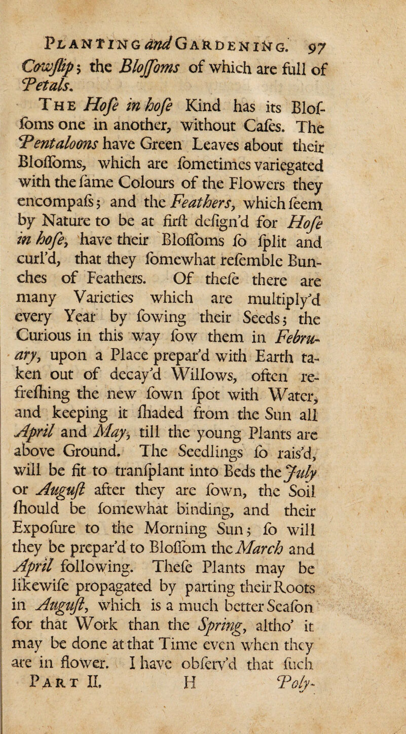Cawftip 5 the BloJJbms of which are full of !Petals. The iifo/2 a? Kind has its Blof- Ibms one in another, without Cafes. The Tentaloons have Green Leaves about their Blofloms, which are fometimes variegated with the fame Colours of the Flowers they encompafs 5 and the Feathers, which feem by Nature to be at firft defign’d for Hofe inhofe, have their Blofloms fo fplit and curl’d, that they fomewhat refemble Bun¬ ches of Feathers. Of thefe there are many Varieties which are multiply’d every Year by flowing their Seeds 5 the Curious in this way flow them in Febru¬ ary, upon a Place prepar’d with Earth ta¬ ken out of decay’d Willows, often re¬ freshing the new flown fpot with Water, and keeping it fhaded from the Sun all April and May^ till the young Plants are above Ground. The Seedlings fo rais’d, will be fit to tranfplant into Beds the July or Auguft after they are flown, the Soil fhould be fomewhat binding, and their Expoflure to the Morning Sun 5 fo will they be prepar’d to Bloflom the March and April following. Thefe Plants may be likewife propagated by parting their Roots in Auguft^ which is a much better Seafon. for that Work than the Spring, altho’ it may be done at that Time even when they are in flower. I have obferv’d that Audi Part II. H Toly-