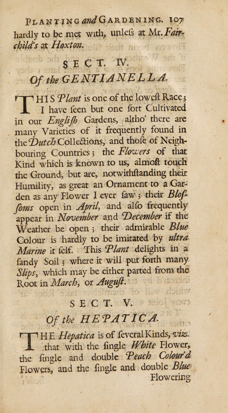 hardly to be met with, unlcfs at Mr, Fair- child's at Hoxton, SECT, IV, Of the G K N TIji^EL L .A* = t' ' • ^ THIS “Plant is one of the lowcft Race; I have feen but one fort Cultivated in our Englijh Gardens, altho’ there are many Varieties of it frequently found in the “Dutch Collodions, and thofe of Neigh¬ bouring Countries; the Flowers of that Kind which is known to us, aim oft touch the Ground, but are, notwithftanding their Humility, as great an Ornament to a Gar¬ den as any Flower I ever faw ; their Blof- fims open in April, and alfo frequently appear in November and December if the Weather be open; their admirable Blue Colour is hardly to be imitated by ultra Marine it felf. This Plant delights in a fandy Soil; where it will put forth many Slips, which may be cither parted from the Root in March, or Auguft. SECT. V. Of t h e HEPATIC A. npHE Hepatica is of feveral Kinds, viz. I Ithat with the fingle White Flower, the fingle and double Peach Colour d Flowers, and the fingle and double Blue Flowering