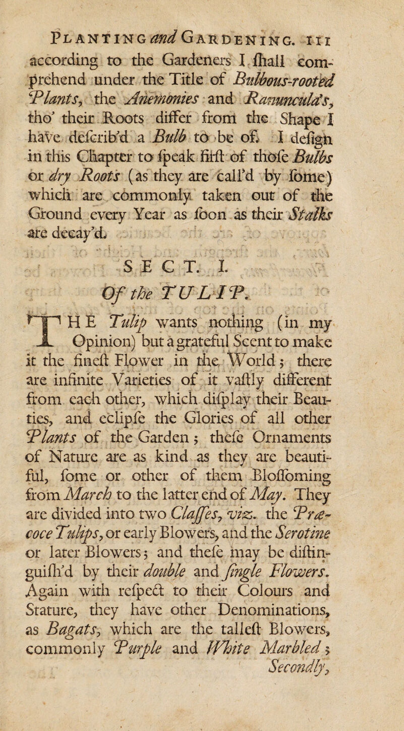 according to the Gardeners I fhall com¬ prehend under the Title of Bulbous-rooted \Plants, the Mnemonics and Ranunculds, tho' their Roots differ from the Shape I have deferib'd a Bulb to be of. I defen in this Chapter to fpeak firft of thofe Bulbs or dry Roots (as they are call'd by fome) which are commonly taken out of the Ground every Year as icon as their Stalks are decay'd, j ’ ” ^ 0 .. S t ... ' SECT, I. Of the TULIT. r~TP H E Tulip wants nothing (in my JL Opinion) but a grateful Scent to make it the fined Flower in the World; there are infinite Varieties of it vaftly different from each other, which difplay their Beau¬ ties, and eclipfe the Glories of all other Riants of the Garden 5 thefe Ornaments of Nature are as kind as they are beauti¬ ful, fome or other of them Blofibming from March to the latter end of May. They arc divided into two Clajfes7 m. the cPr<e~ coce Tulips, or early Blowers, and the Serotine or later Blowers 5 and thefe may be diftin- guiflfd by their double and fingle Flowers. Again with refpeft to their Colours and Stature, they have other Denominations, as Bagatsy which are the tailed Blowers, common ly Purple and JVhite Marbled $ Secondly,